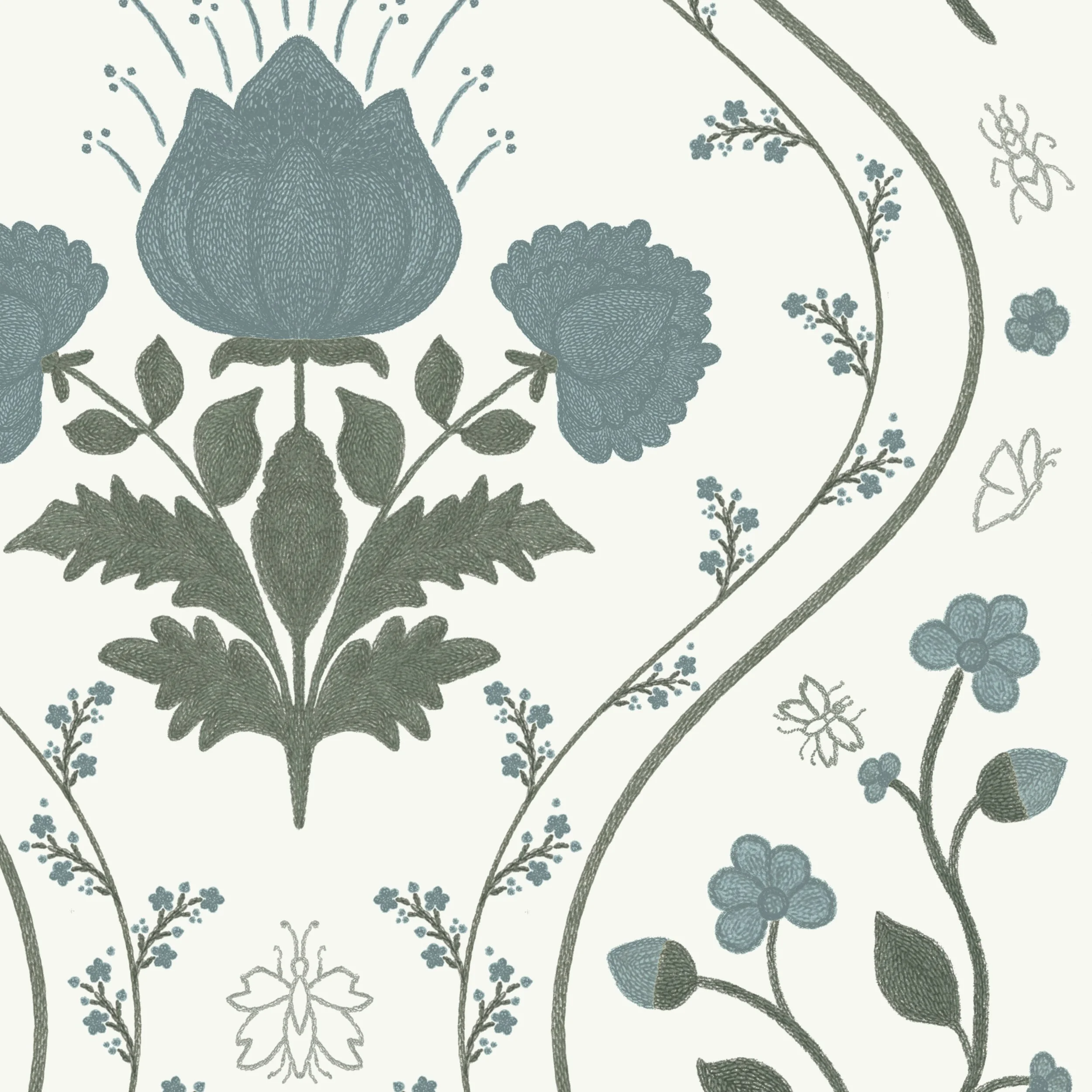 Dolly Vine in Woad Blue – Hand-Drawn Floral Wallpaper with Whimsical Details