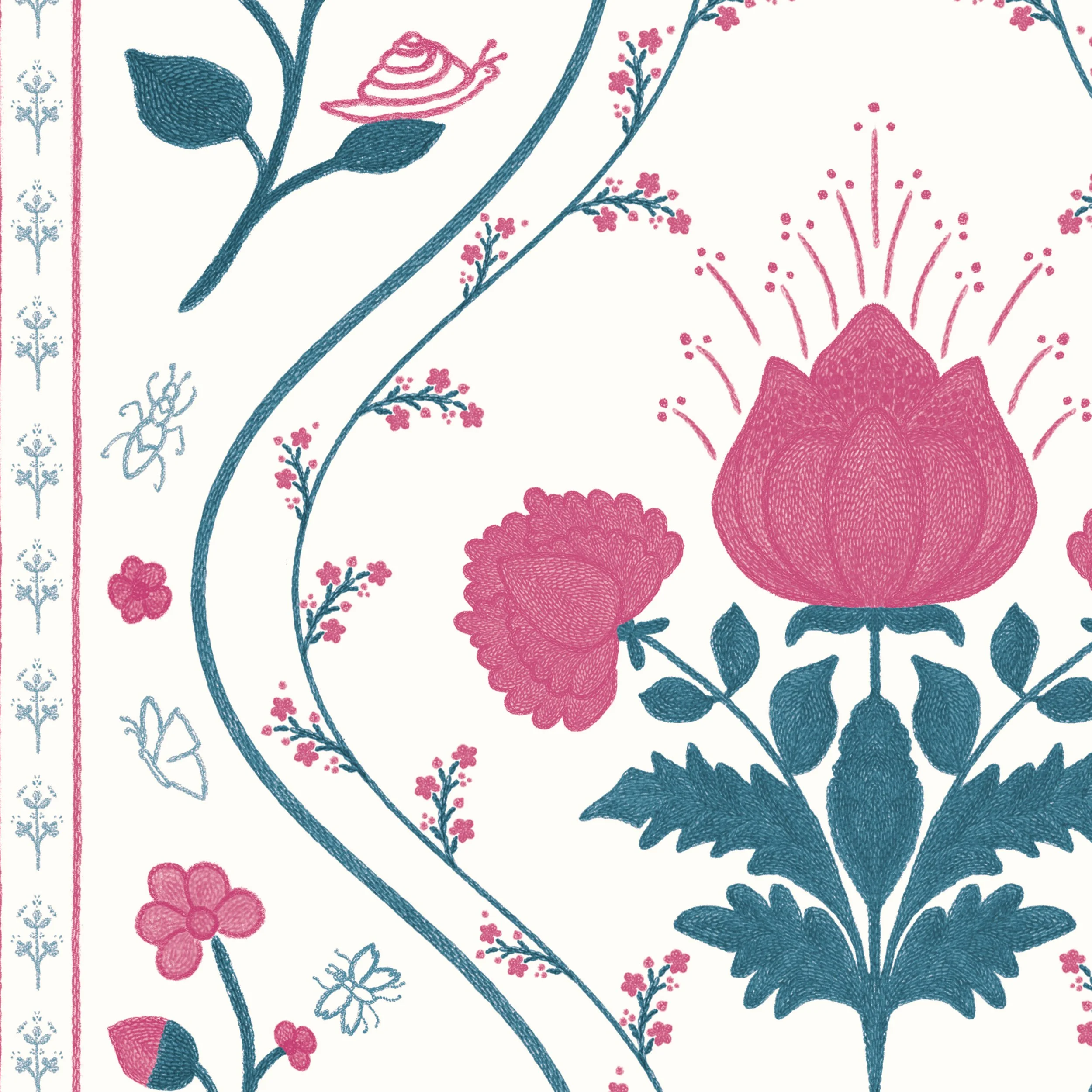 Dolly Vine in Rosehip – Painterly Pink Floral Stripe with Garden Creatures