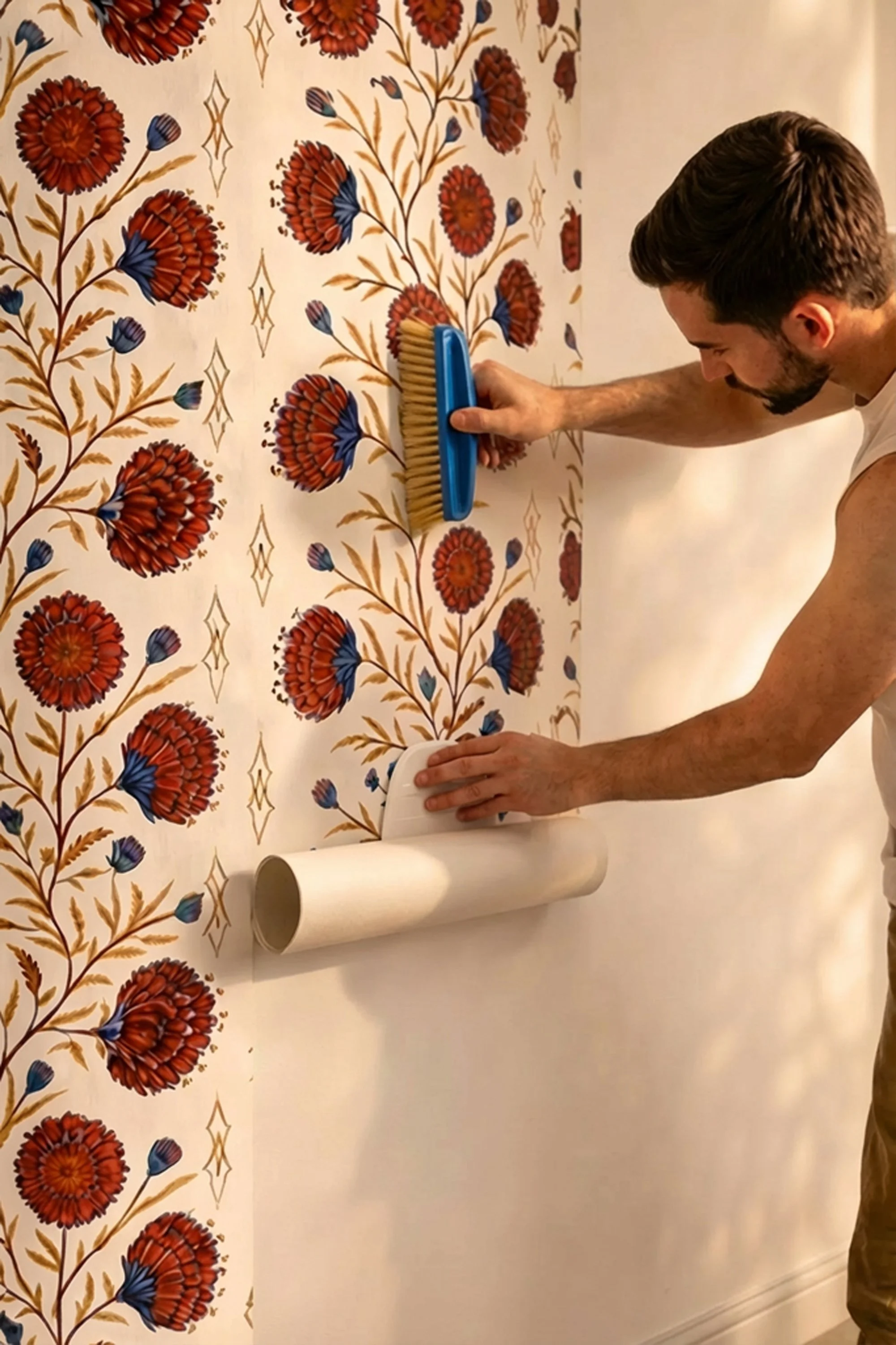 A man is wallpapering a wall with large, floral-patterned wallpaper, smoothing it with a tool, and holding a strip of wallpaper. The wallpaper features large red flowers with blue accents and gold leaves on a cream background.
