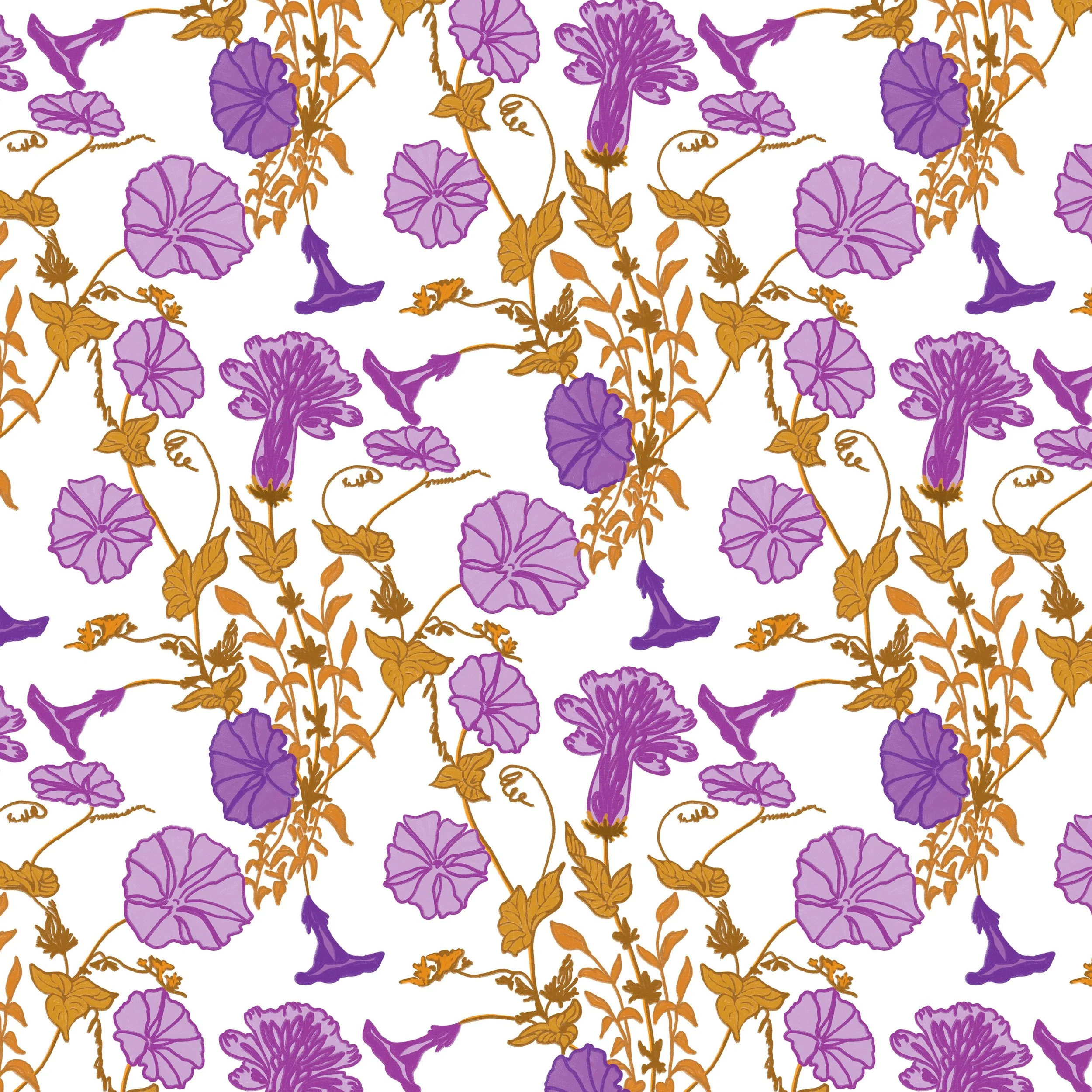 Painted Garden – Morning Glory in Lilac Ochre, Repeat View

This repeat view shows how Morning Glory in Lilac Ochre opens across the wall, balancing hand-painted botanical detail with generous spacing and a pale ground. The design keeps the freshness