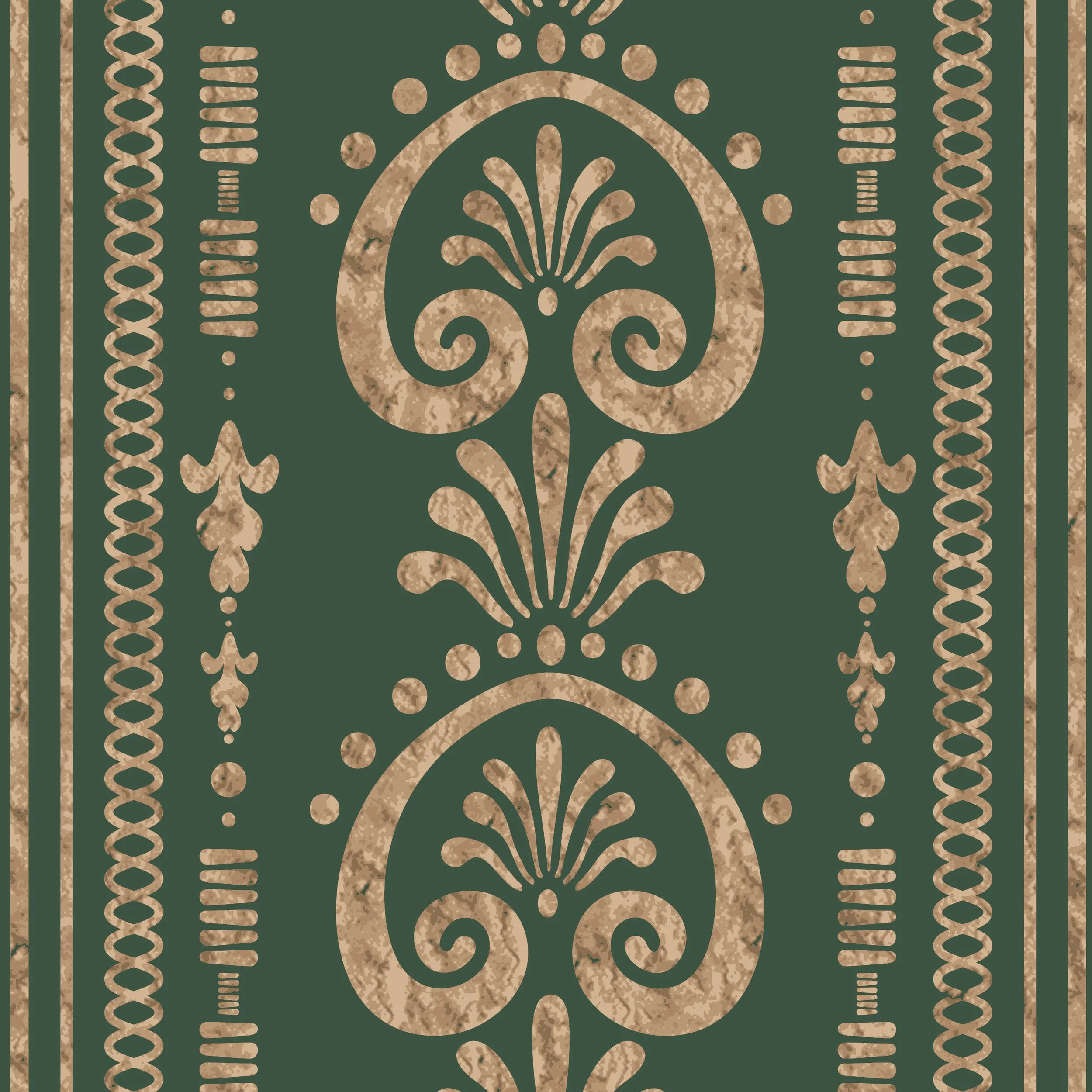 If Walls Could Talk – Greek Key in Verdigris Green, Palmette Detail

A detail view of Greek Key in Verdigris Green from the If Walls Could Talk collection. Against a deep verdigris green ground, aged gold ornament forms a vertical anthemion stripe wi