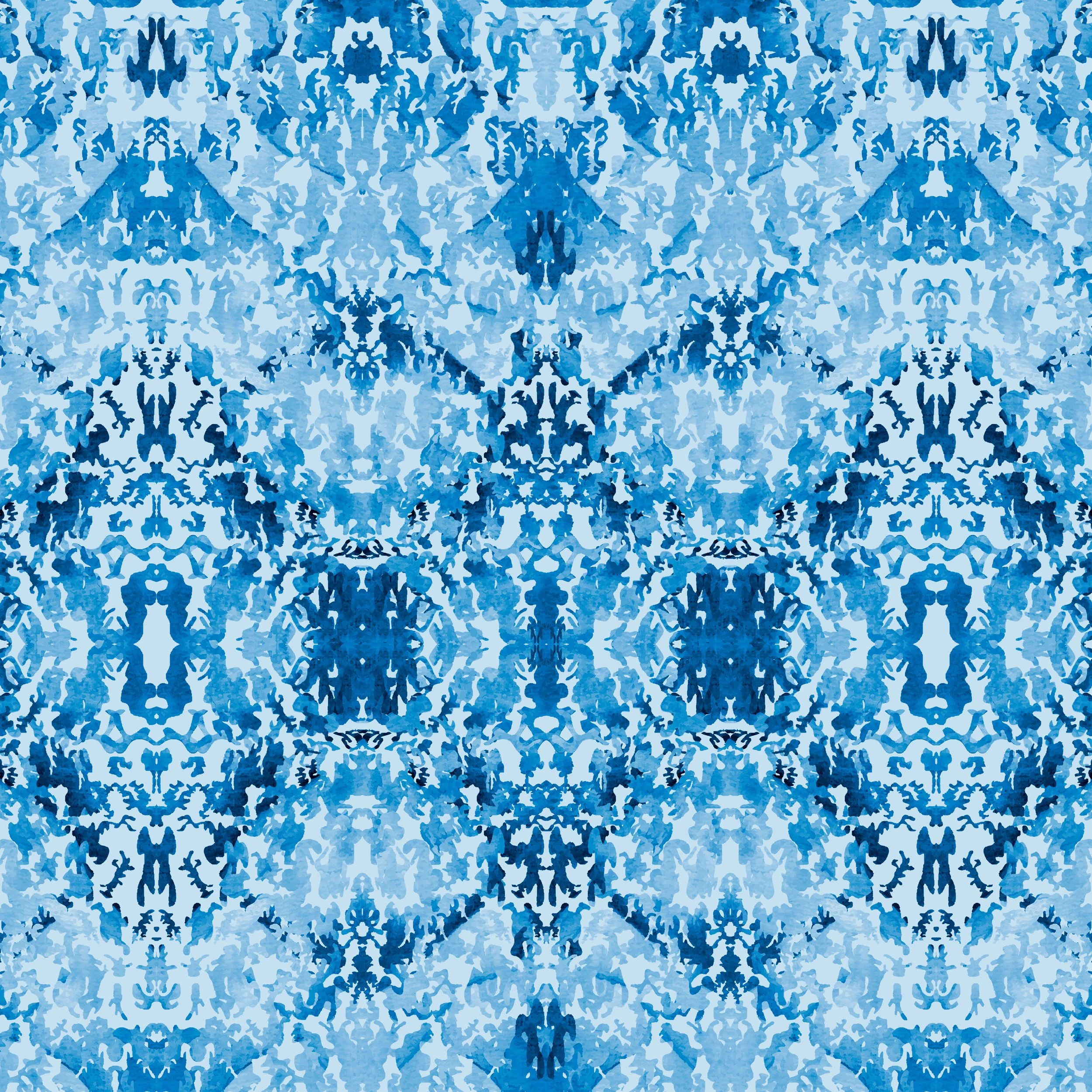 Gallery of Dreams – Sea Garden in Deep Blue, Detail View

This detail view of Sea Garden in Deep Blue reveals the watercolour-based artwork behind the pattern, developed digitally into a fluid kaleidoscopic wallpaper repeat. The close-up shows how th