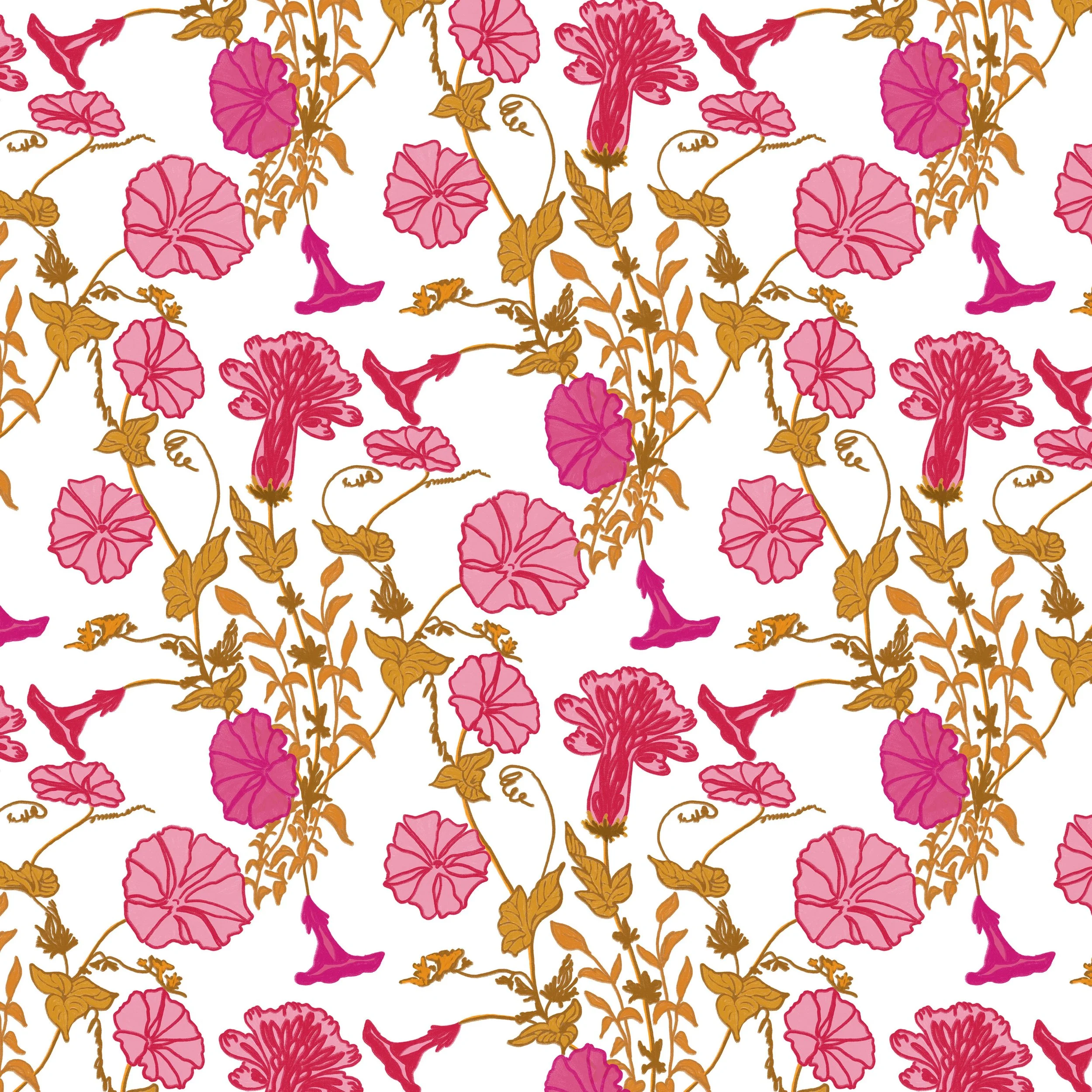 Painted Garden – Morning Glory in Rose Ochre, Repeat View

Morning Glory in Rose Ochre offers a warmer colourway of the same gouache floral wallpaper design. The softer pink direction gives the repeat a more delicate, decorative mood while retaining 