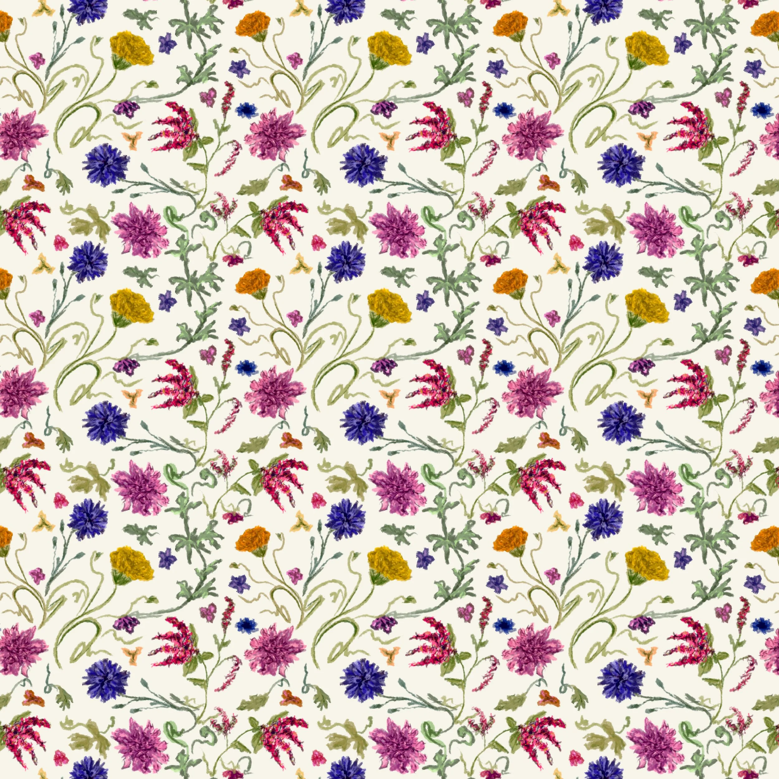 Painted Garden – Blooming Harmony, Repeat View

This repeat view of Blooming Harmony shows how the oil-painted flowers, curling stems and small botanical details settle across the wall. The pattern keeps the looseness of the original painted marks wh