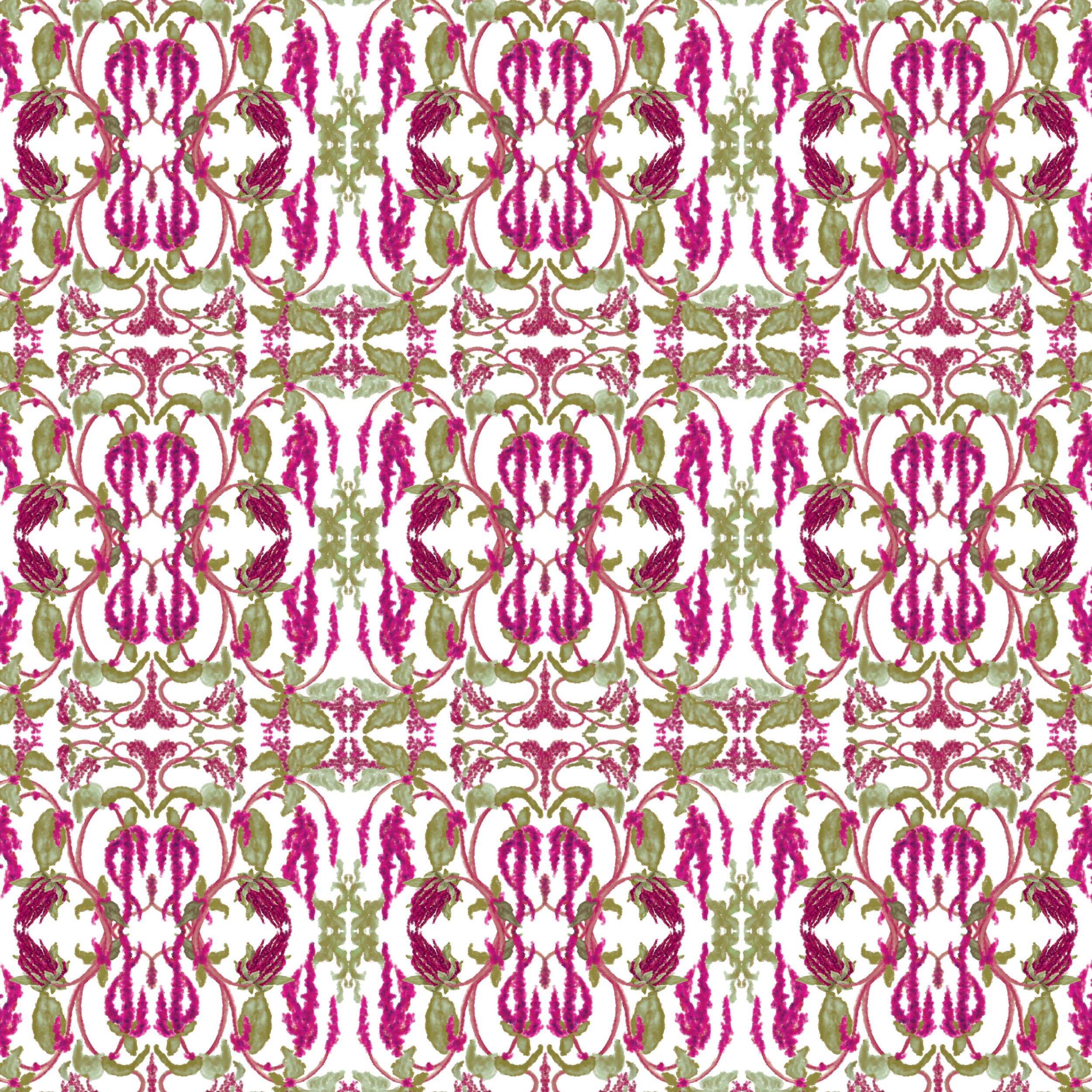 Painted Garden – Mirrored Amaranthus, Repeat View

This repeat view of Mirrored Amaranthus shows how the oil-painted botanical motif develops across the wall. Trailing amaranthus flowers and leafy painted forms are arranged in a mirrored structure, c