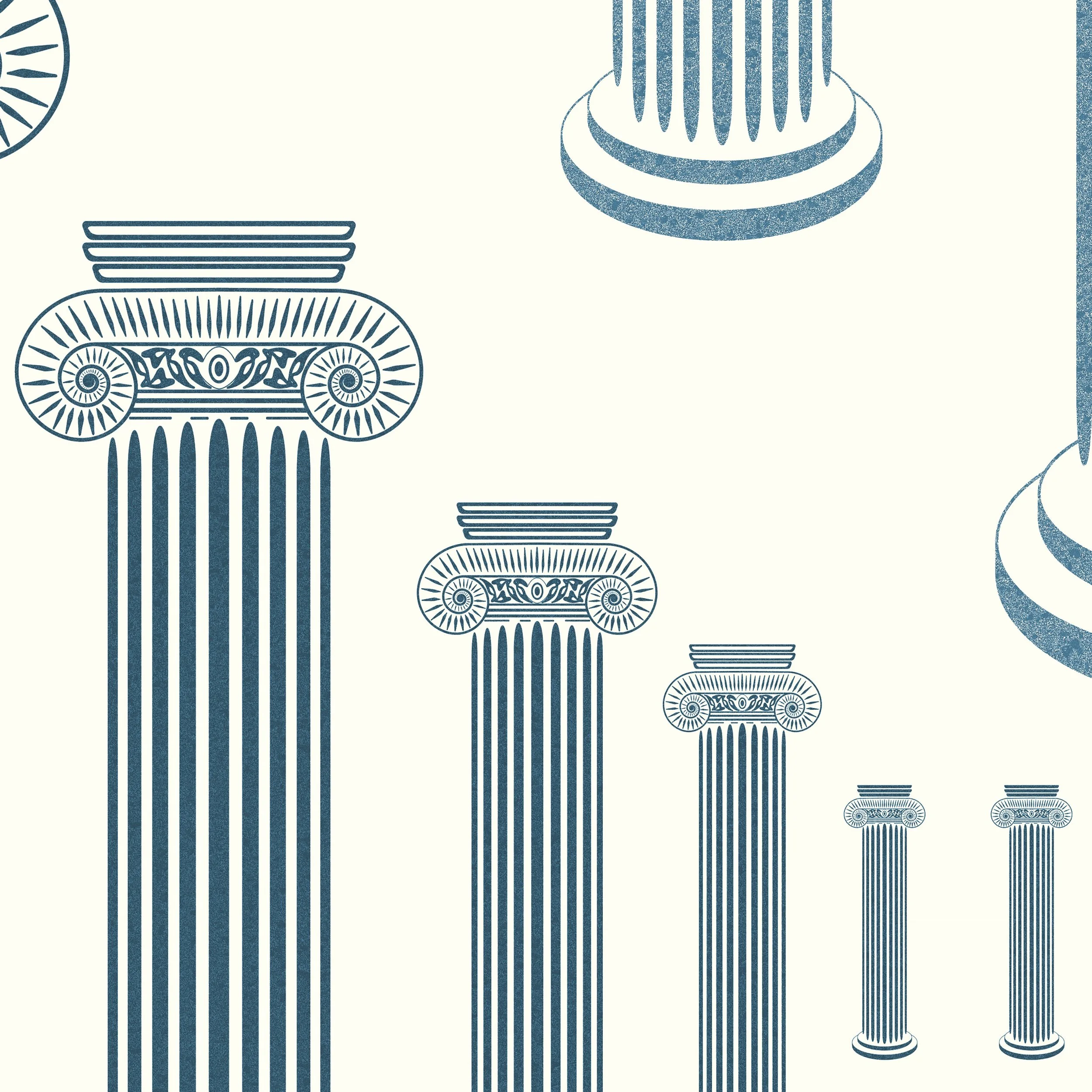 If Walls Could Talk – Fibonacci Colonnade in Prussian Blue on Ivory, Column Detail

A detailed view of Fibonacci Colonnade in Prussian Blue on Ivory from the If Walls Could Talk collection. The composition reveals finely drawn Ionic capitals, spiral 