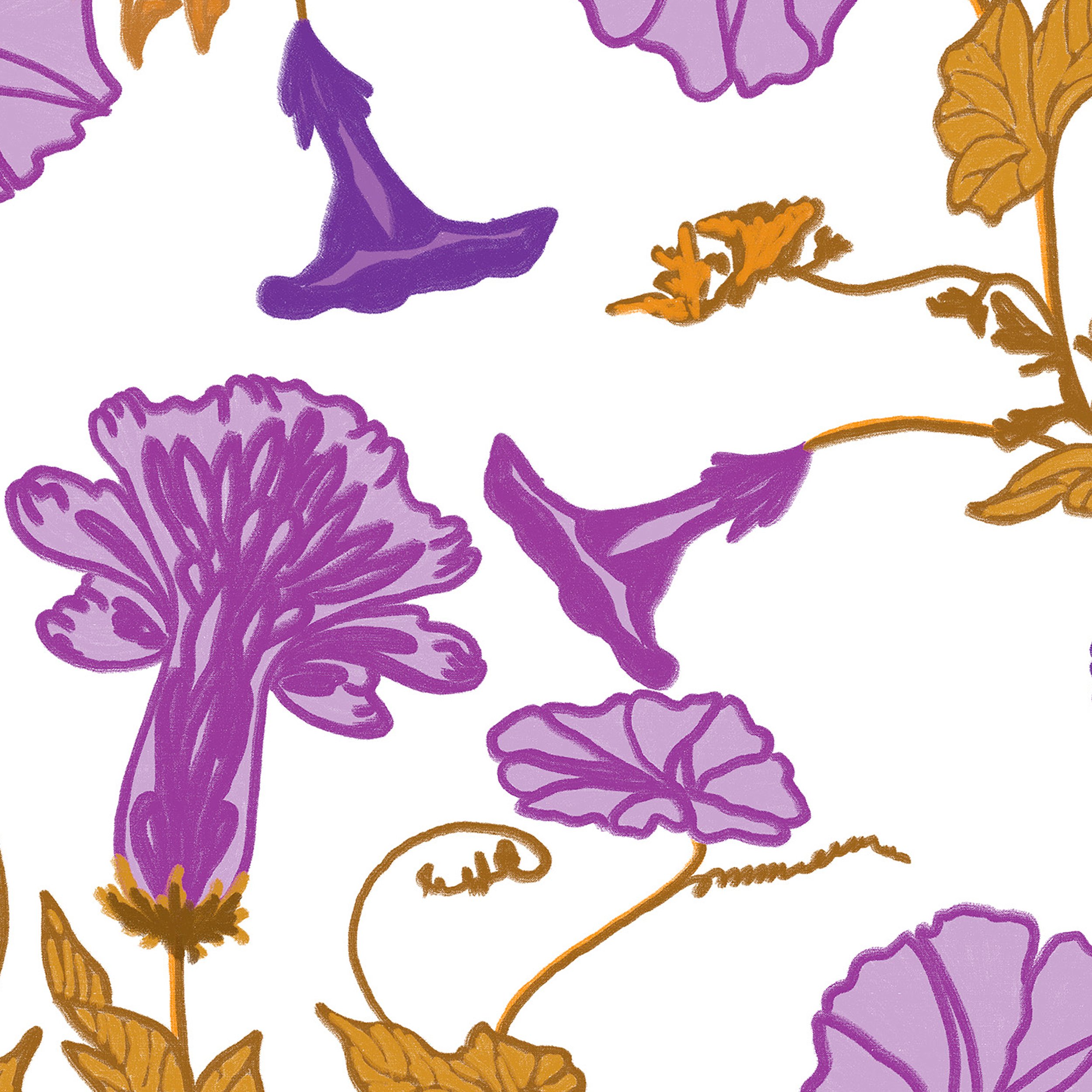 Painted Garden – Morning Glory in Lilac Ochre

Morning Glory in Lilac Ochre is a hand-painted gouache wallpaper design from the Painted Garden collection. A larger crop of the artwork shows the loose botanical linework, soft lilac forms and ochre ste