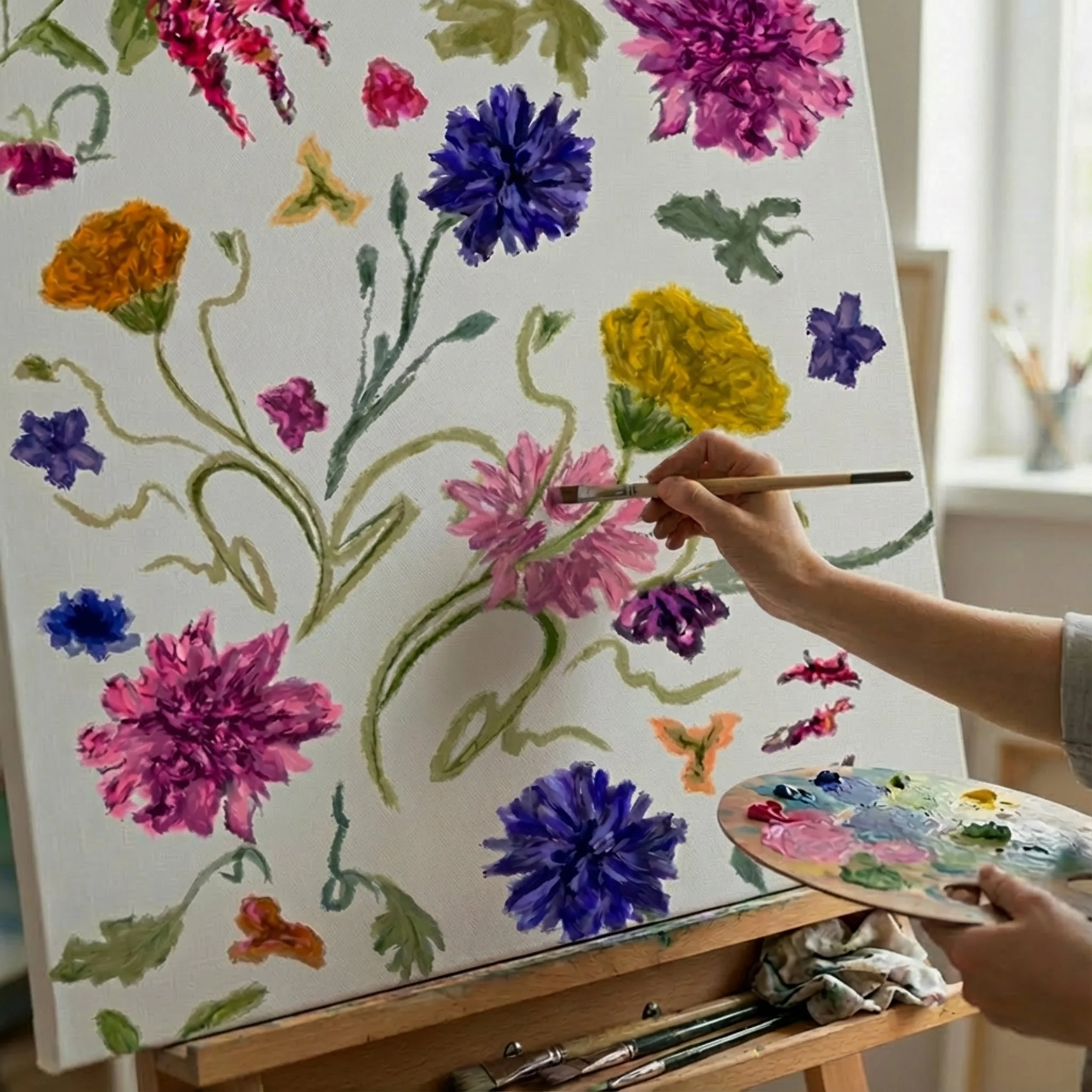 A person painting a colorful floral oil painting on a canvas. The painting features various bright flowers in pink, purple, yellow, and orange against a white background. The artist is holding a paintbrush and a palette with mixed colors.