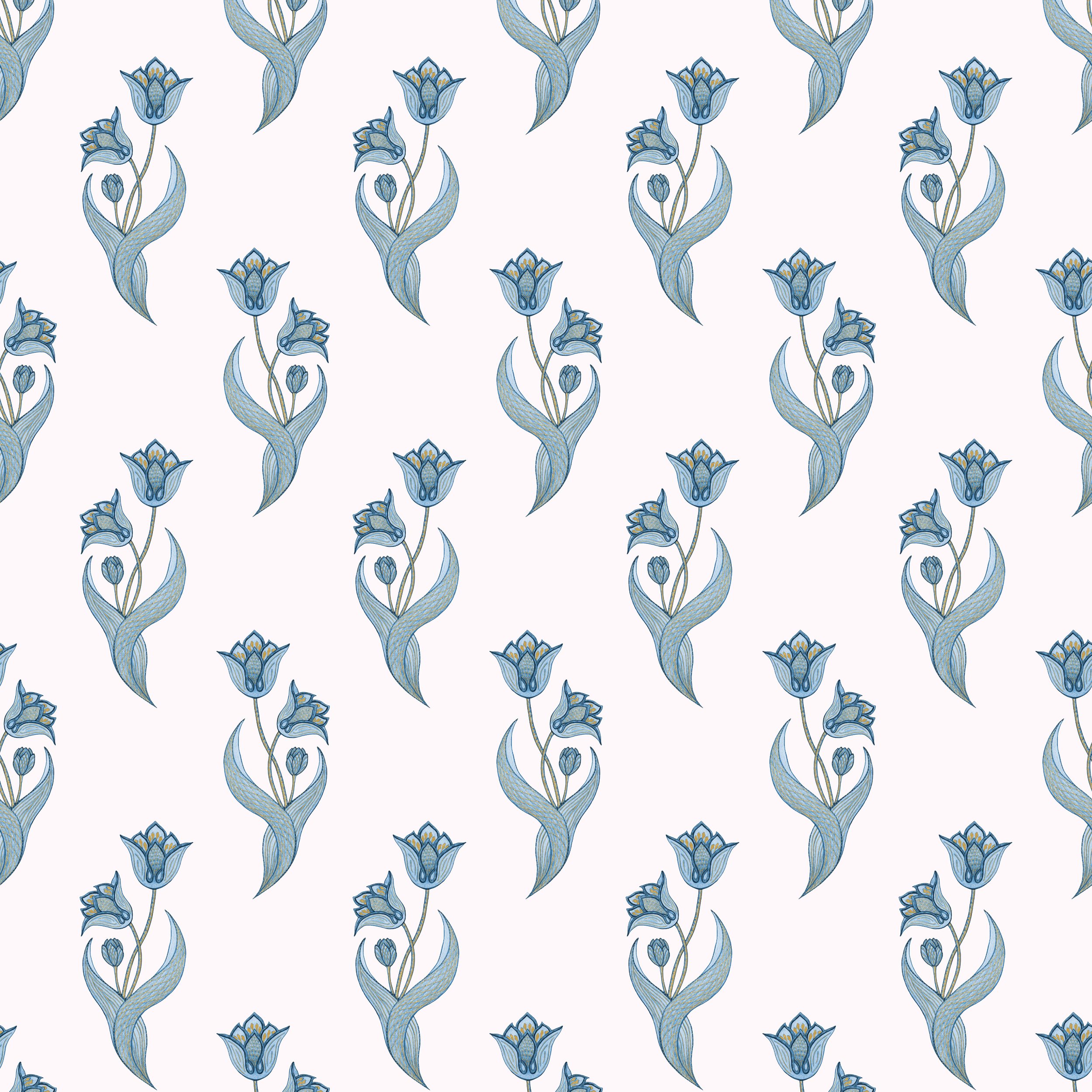 Painted Garden – Tulip in Dutch Blue, Repeat View

This repeat view of Tulip in Dutch Blue shows the hand-drawn motif arranged in a staggered layout, giving the pattern a calm and evenly paced movement across the wall. The open spacing allows the col