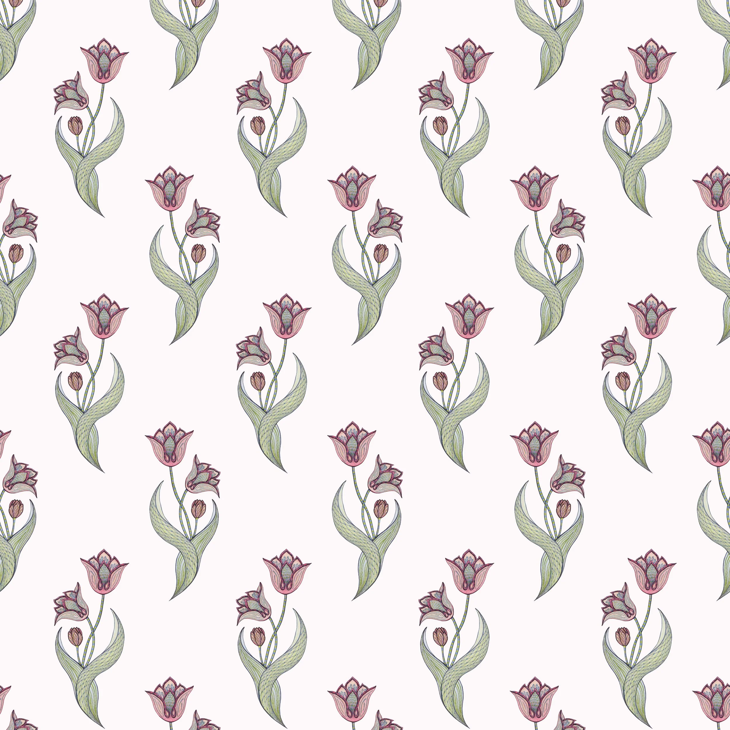 Painted Garden – Tulip in Ottoman Rose, Half-Drop Repeat

In this half-drop repeat, Tulip in Ottoman Rose is arranged with a formal lightness that lets each coloured-pencil motif breathe. Rose-toned tulips and curved green leaves step across the pale