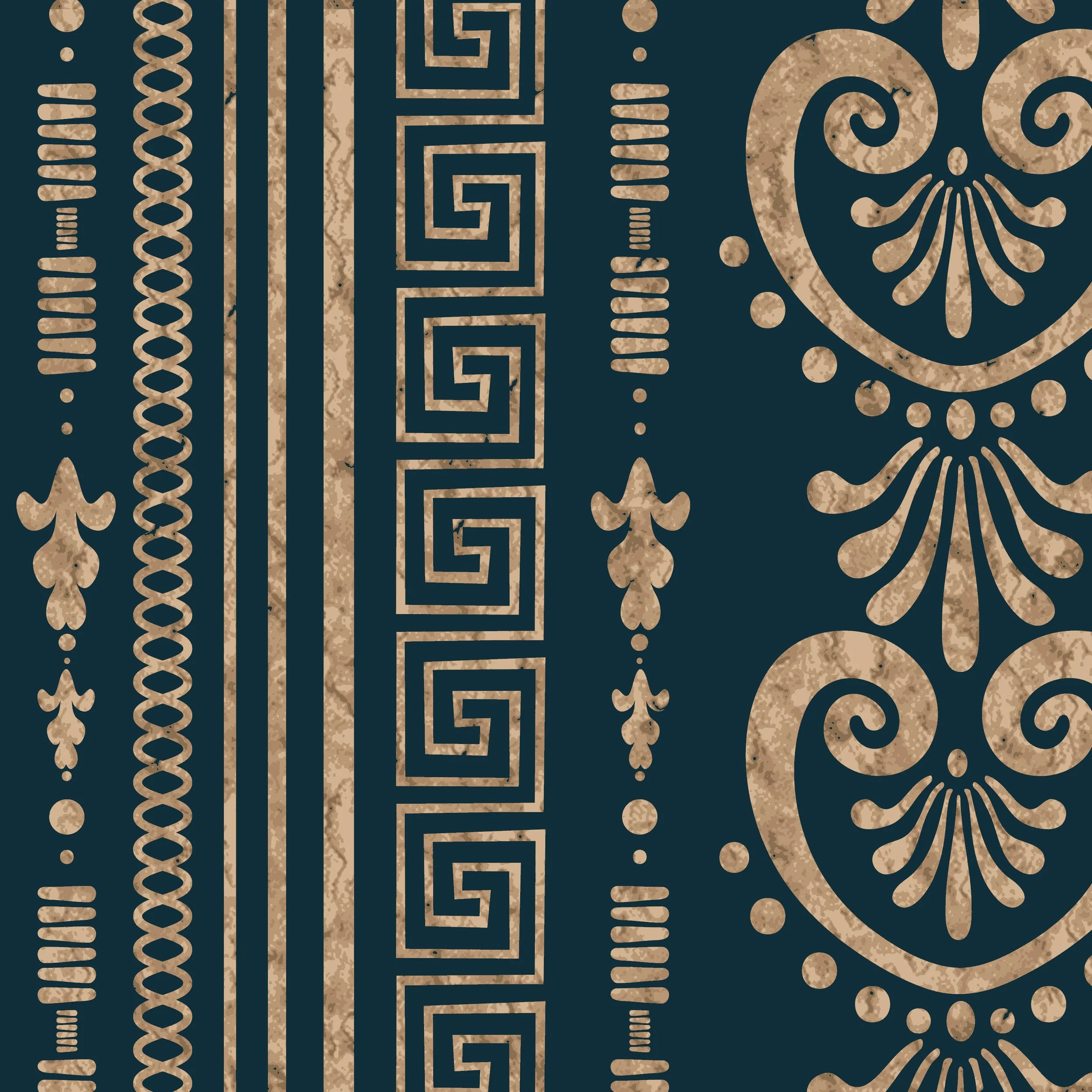 If Walls Could Talk – Greek Key in Deep Teal, Detail View

A 100% detail view of Greek Key in Deep Teal from the If Walls Could Talk collection. This close detail shows the aged gold texture, hand-drawn meander border, palmette ornament and fine vert