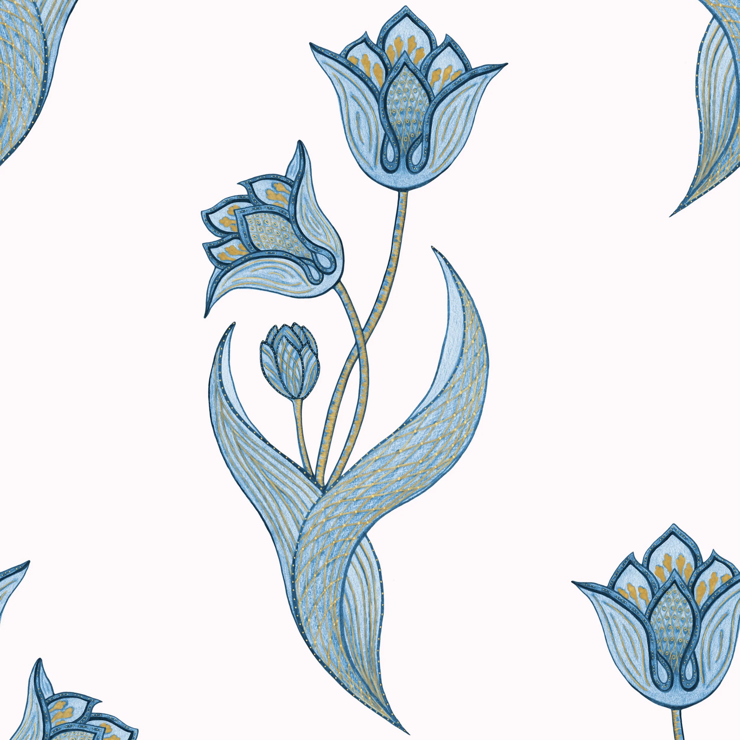 Painted Garden – Tulip in Dutch Blue

Tulip in Dutch Blue is a hand-drawn wallpaper pattern from the Painted Garden collection, created in coloured pencil. A single stylised tulip is set within an open repeat, with shaded blue petals, fine linear det