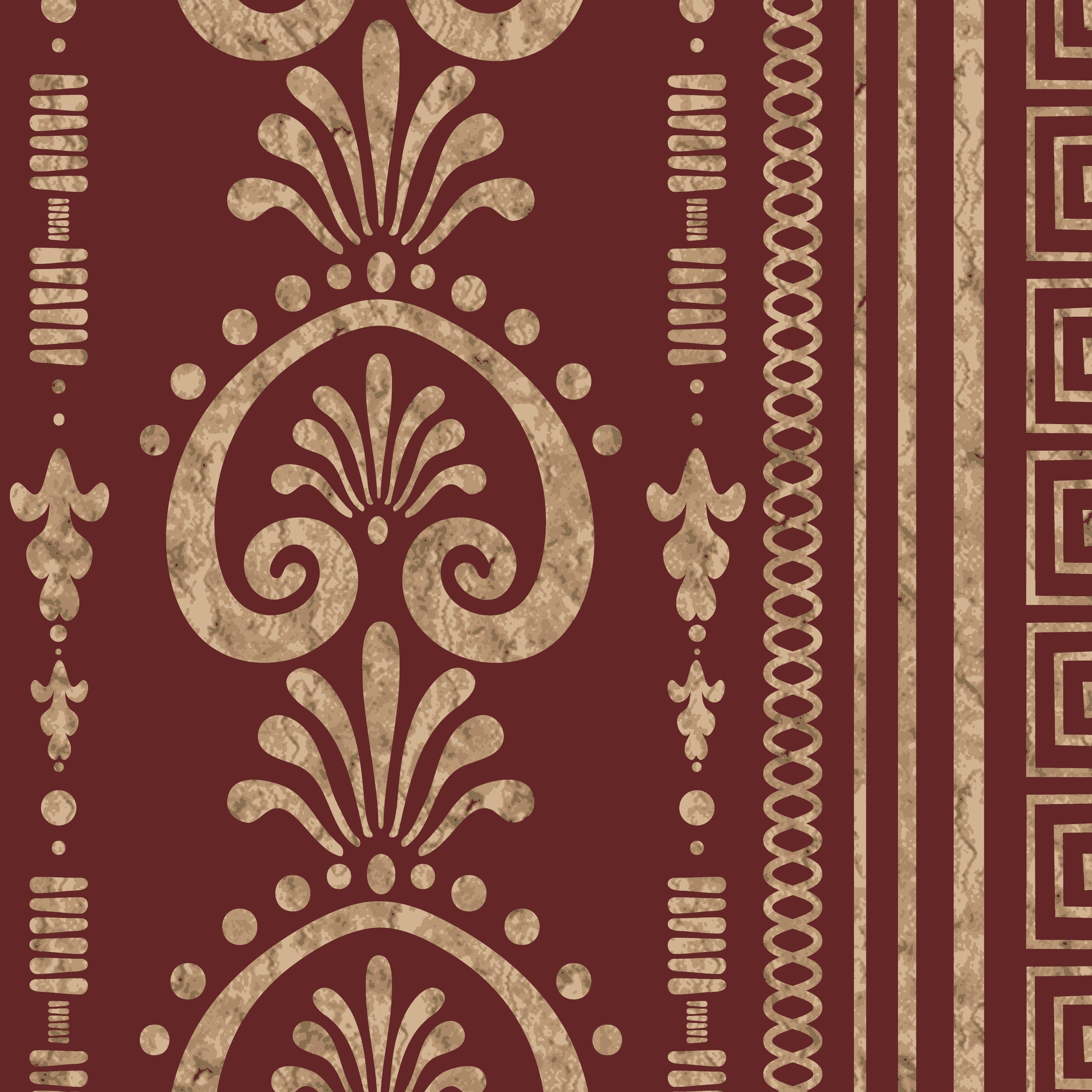 If Walls Could Talk – Greek Key in Burgundy, Detail View

A detail view of Greek Key in Burgundy from the If Walls Could Talk collection. This image shows the classical Greek key meander, palmette forms, anthemion-style vertical bands and small volut