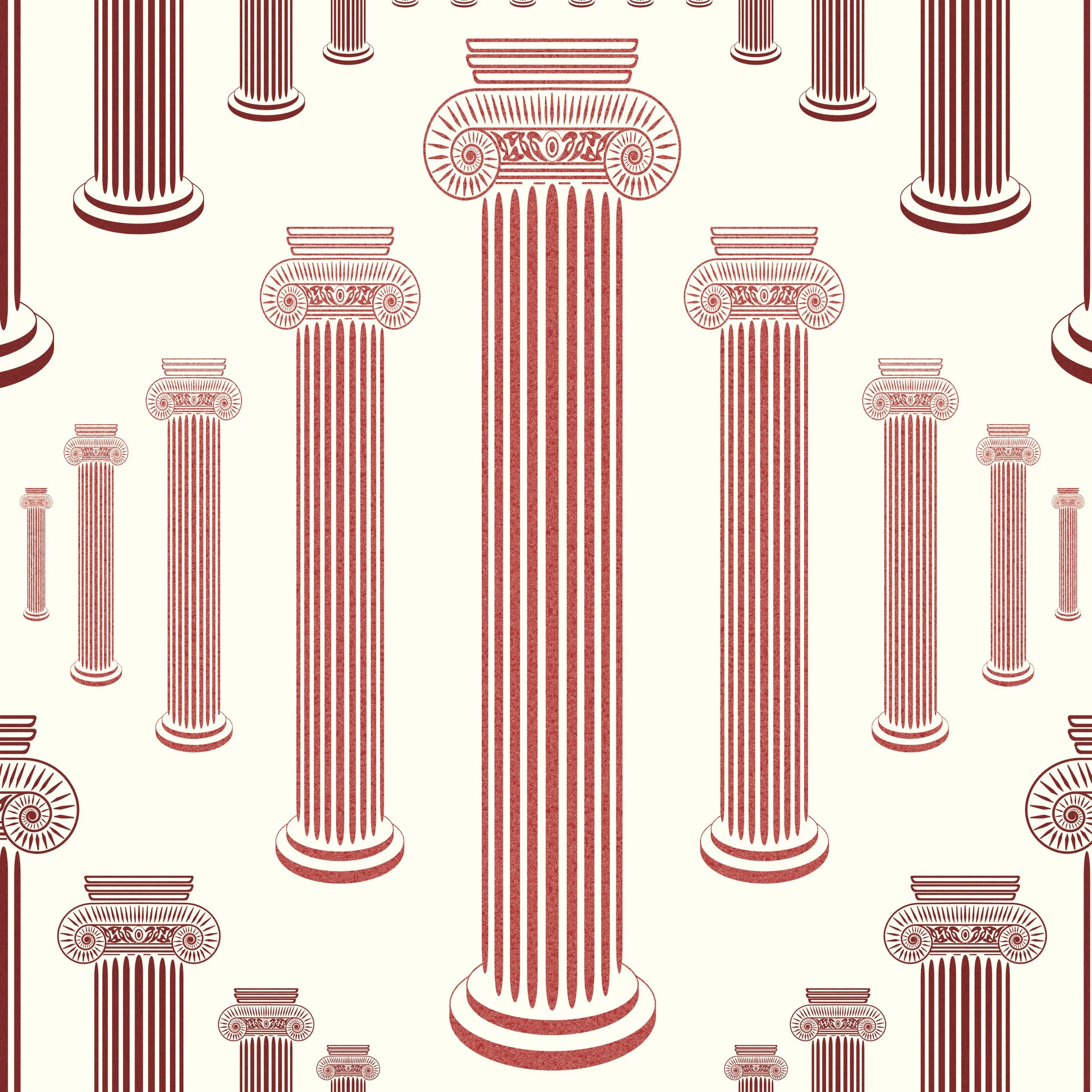If Walls Could Talk – Fibonacci Colonnade in Burgundy on Ivory

Fibonacci Colonnade in Burgundy on Ivory is a 70 × 70 cm architectural wallpaper repeat from the If Walls Could Talk collection. Fluted Ionic columns, spiral volute capitals and fine bur