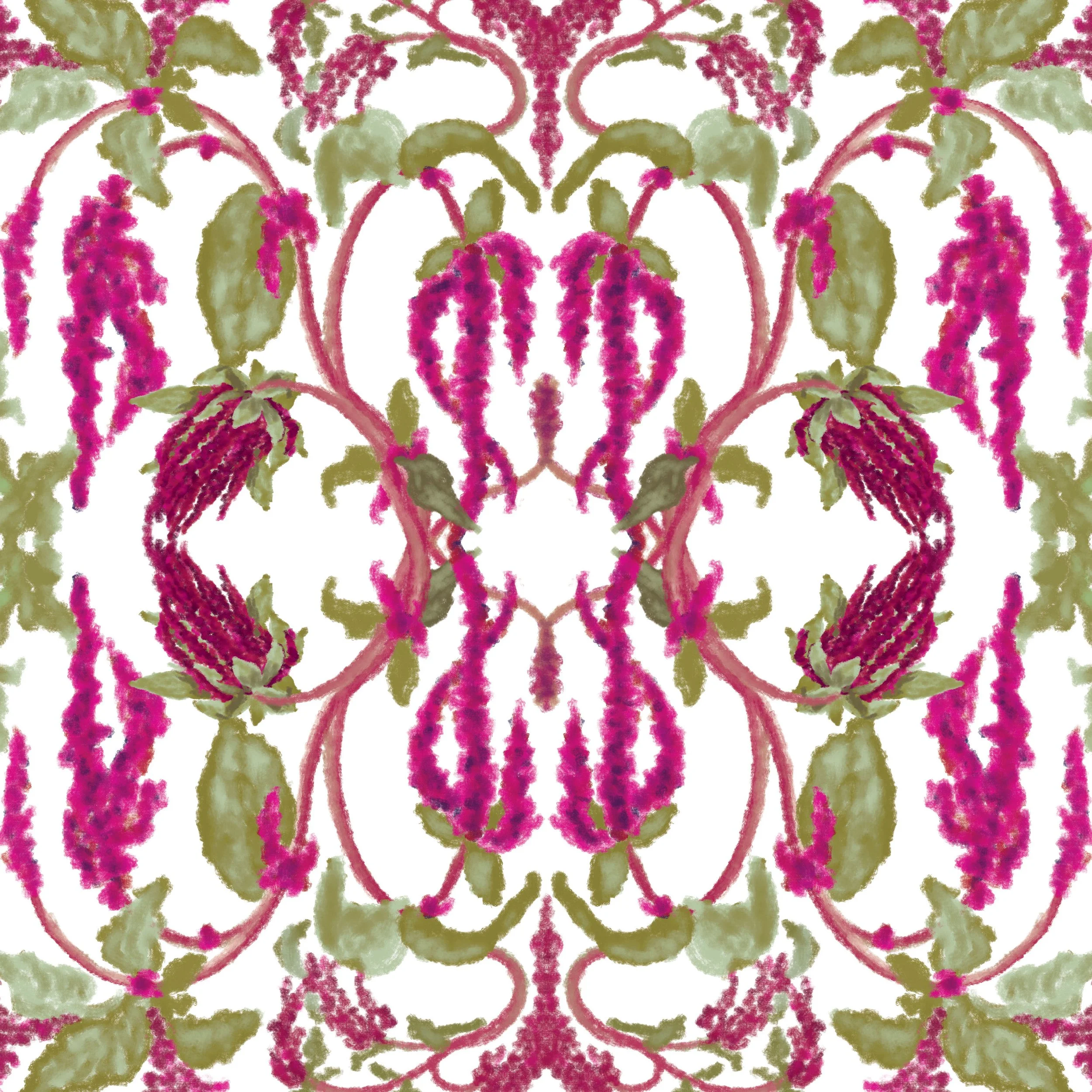 Painted Garden – Mirrored Amaranthus, Detail View

Mirrored Amaranthus is an oil-painted botanical wallpaper design from the Painted Garden collection. This detail view shows the intricate symmetry of the repeat, where trailing amaranthus flowers, le