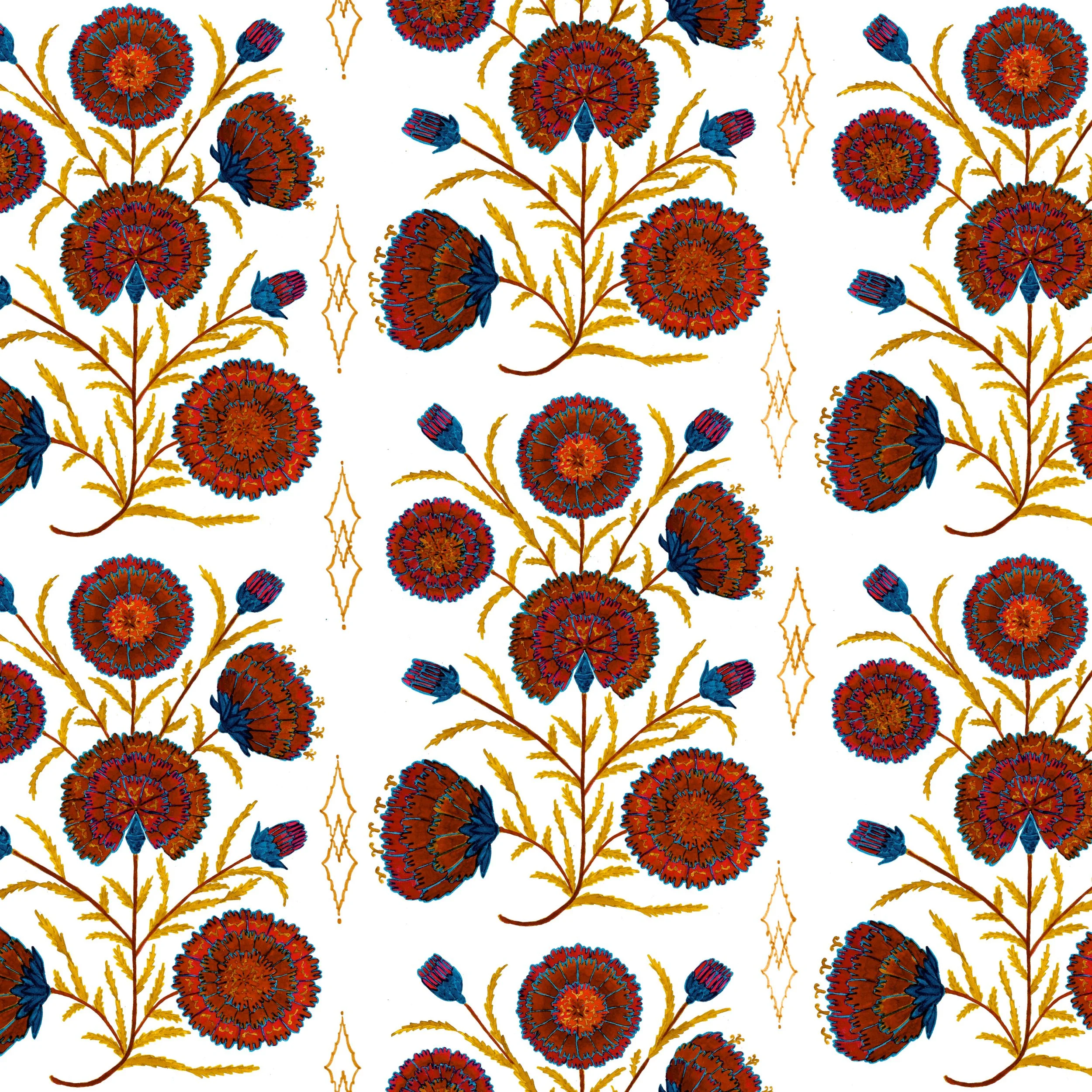 Painted Garden – Cornflower, Repeat View

This repeat view of Cornflower shows the design opening into a confident painted floral wallpaper, with rounded blooms, slender stems and deep blue accents creating a lively garden rhythm across the wall. The