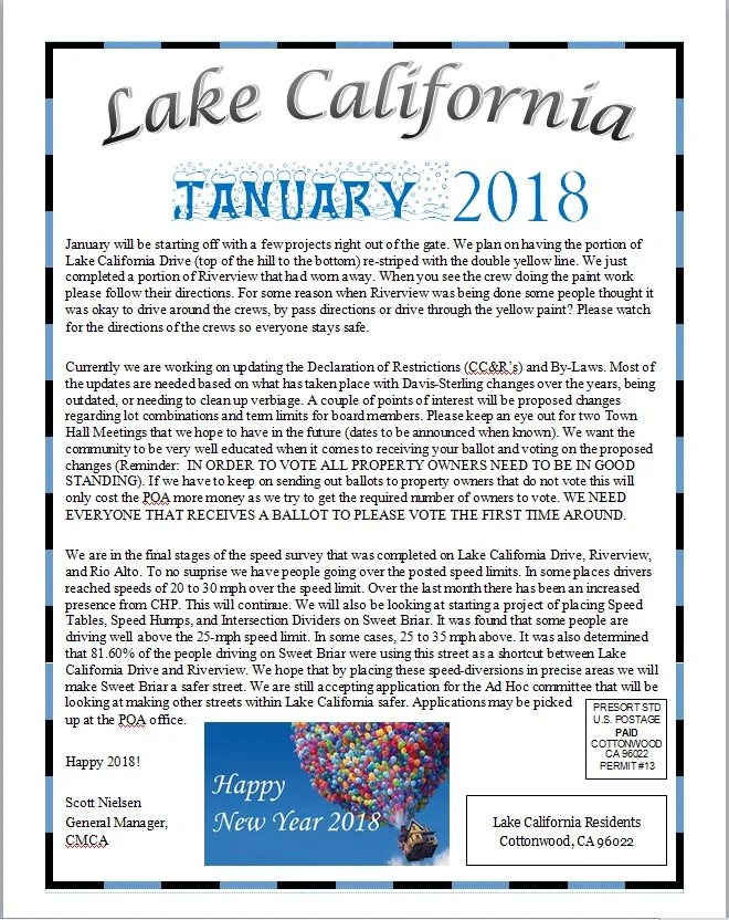 January 2018 Newsletter