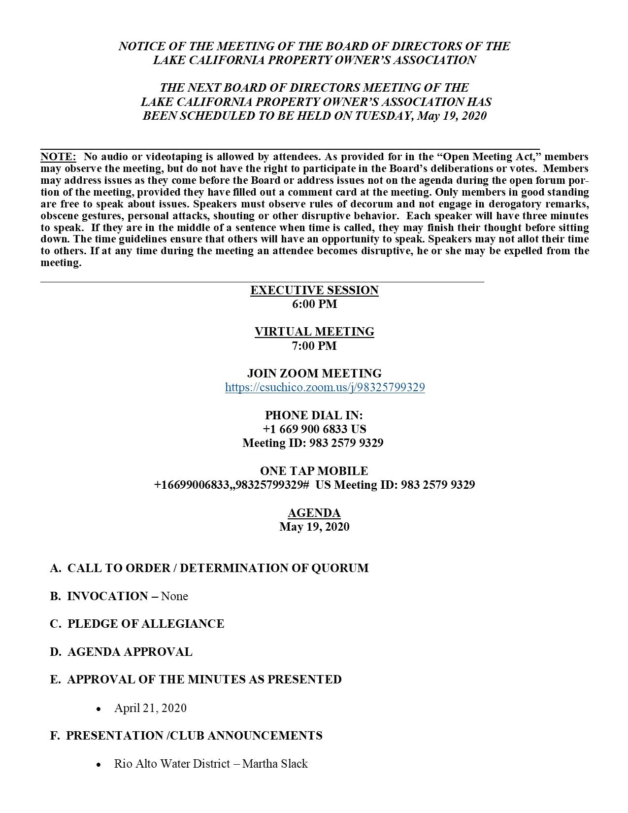 May 19th Board Meeting