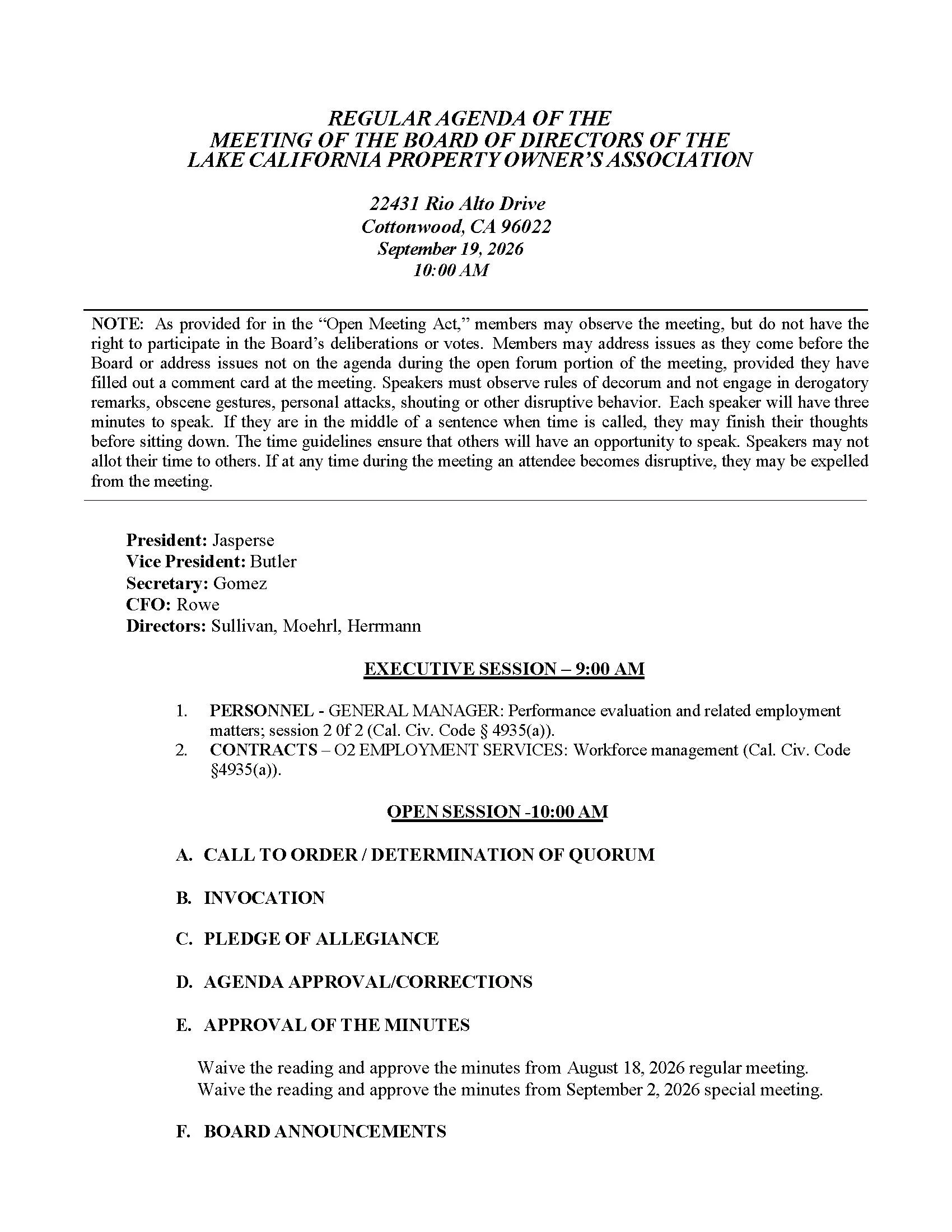 September 2026 Agenda