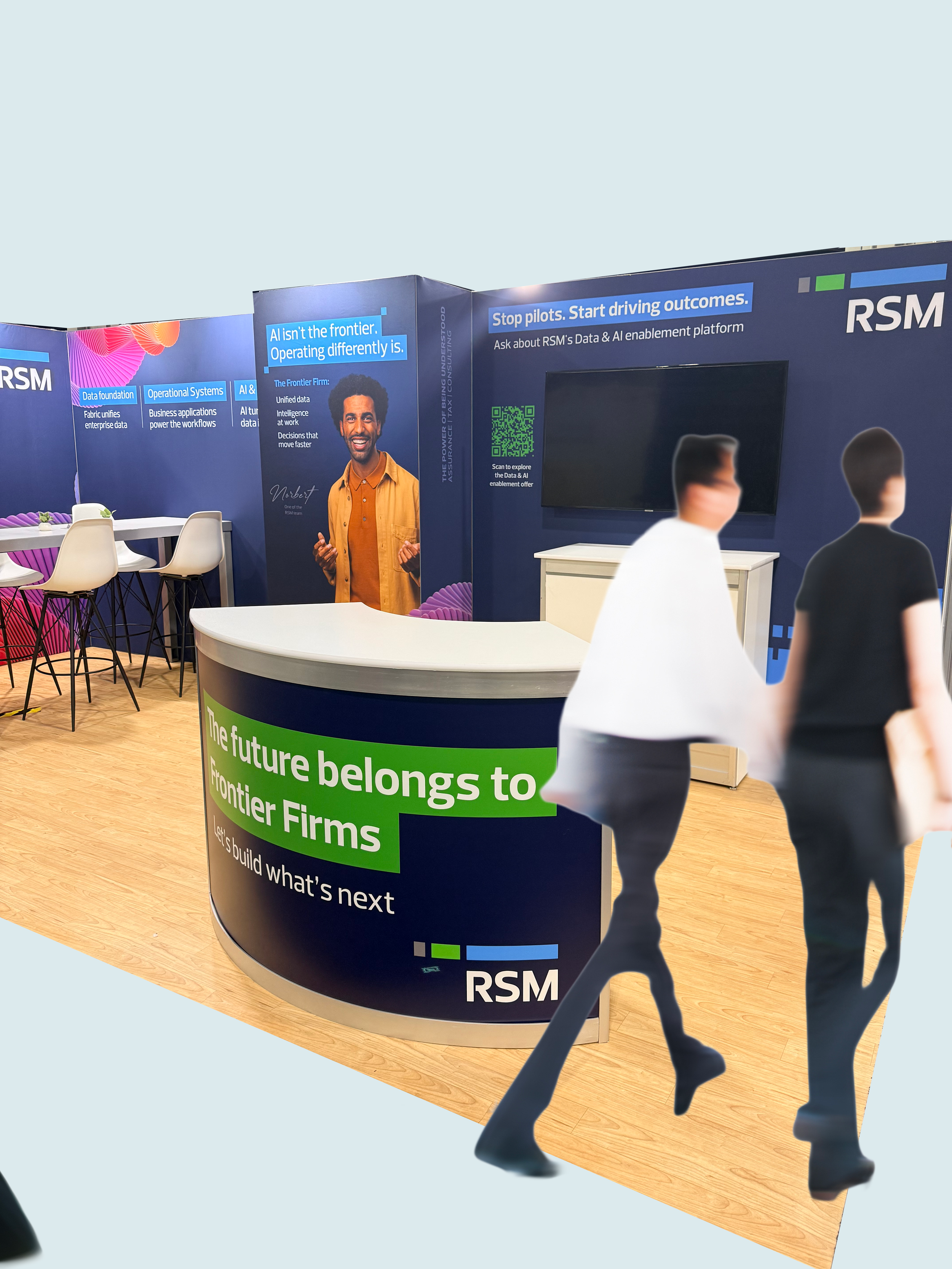  For RSM’s Microsoft-aligned conference presence, I led the design of an immersive booth experience centered on a “human-first in an AI world” narrative. The concept balanced advanced data and AI messaging with large-scale, approachable human imagery