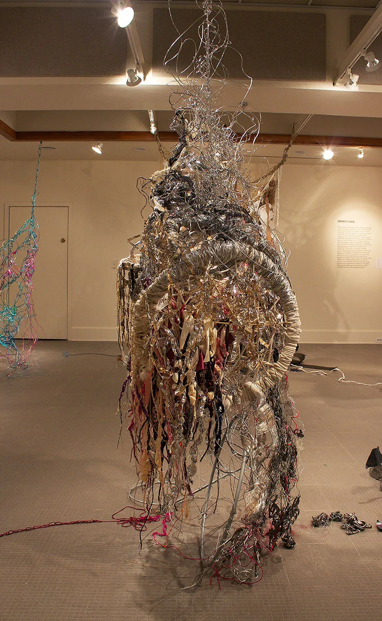 Purge Exhibition, Entangled | Fabric, paper, ribbon, steel, monofilament, mylar, nylon, copper wire, jute, glass, and aluminum wire | 2017