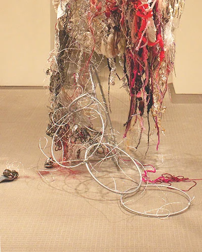 Purge Exhibition, Entangled, front detail | Fabric, paper, ribbon, monofilament, mylar, nylon, steel, copper wire, jute, glass, and aluminum wire | 2017