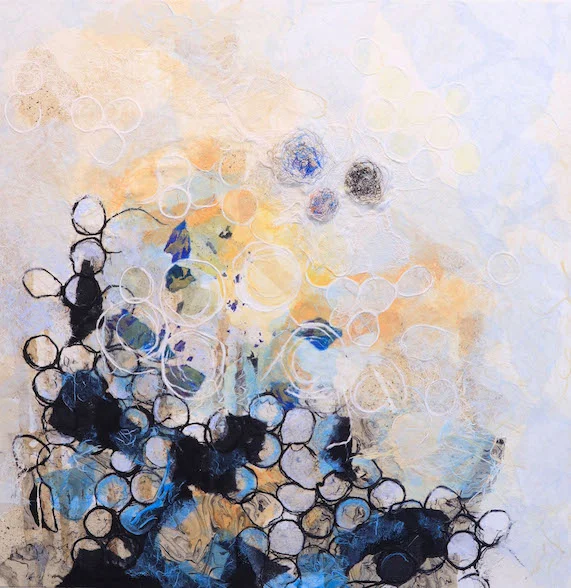 Equilibrium | Collage with embroidered cheesecloth, acrylic, handmade paper, thread, and metallic wax on canvas | 36X36 | 2018