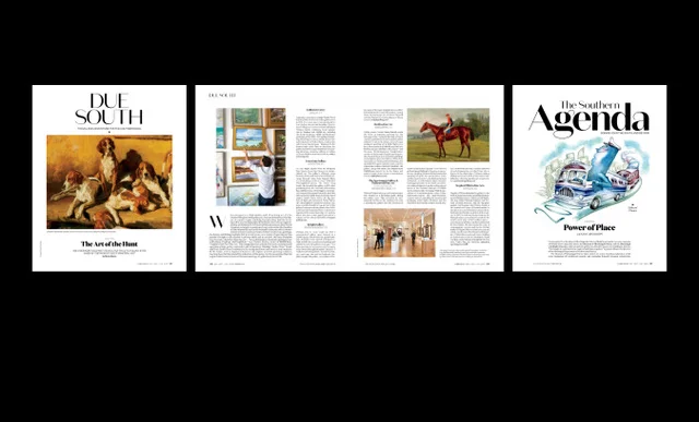Due South is our travel section. It usually contains some eight to ten pages of content. Bookending it is The Southern Agenda. Ostensibly it's a kind of sub section within Due South that serves as a roundup of the best happenings in each Southern state. The material there is asked to absorb a lot of fractional ads as we rarely jump features.