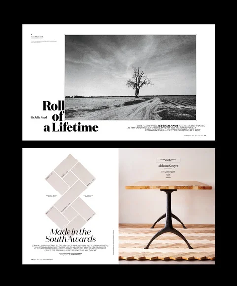 Here are a few more feature openers that round out the December/January issue. "Roll of a Lifetime" photographed by actress Jessica Lange "Made in the South Awards" photographed by Allison Gootee