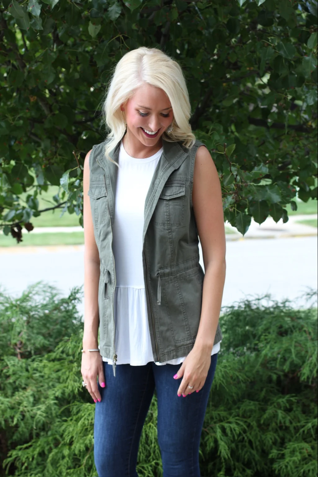 I'm always on the lookout for the perfect army green vest that can be used as we transition between summer & fall! I love this vest from Nordstom! Paired with Olivia Lane Collection's Best White Peplum top (I'm wearing a medium) & Old Navy's Mid -Rise Rock Star Built-In Sculpt Jeggings! (These have a yoga pant waistline, and are so comfy! Try sizing down!)