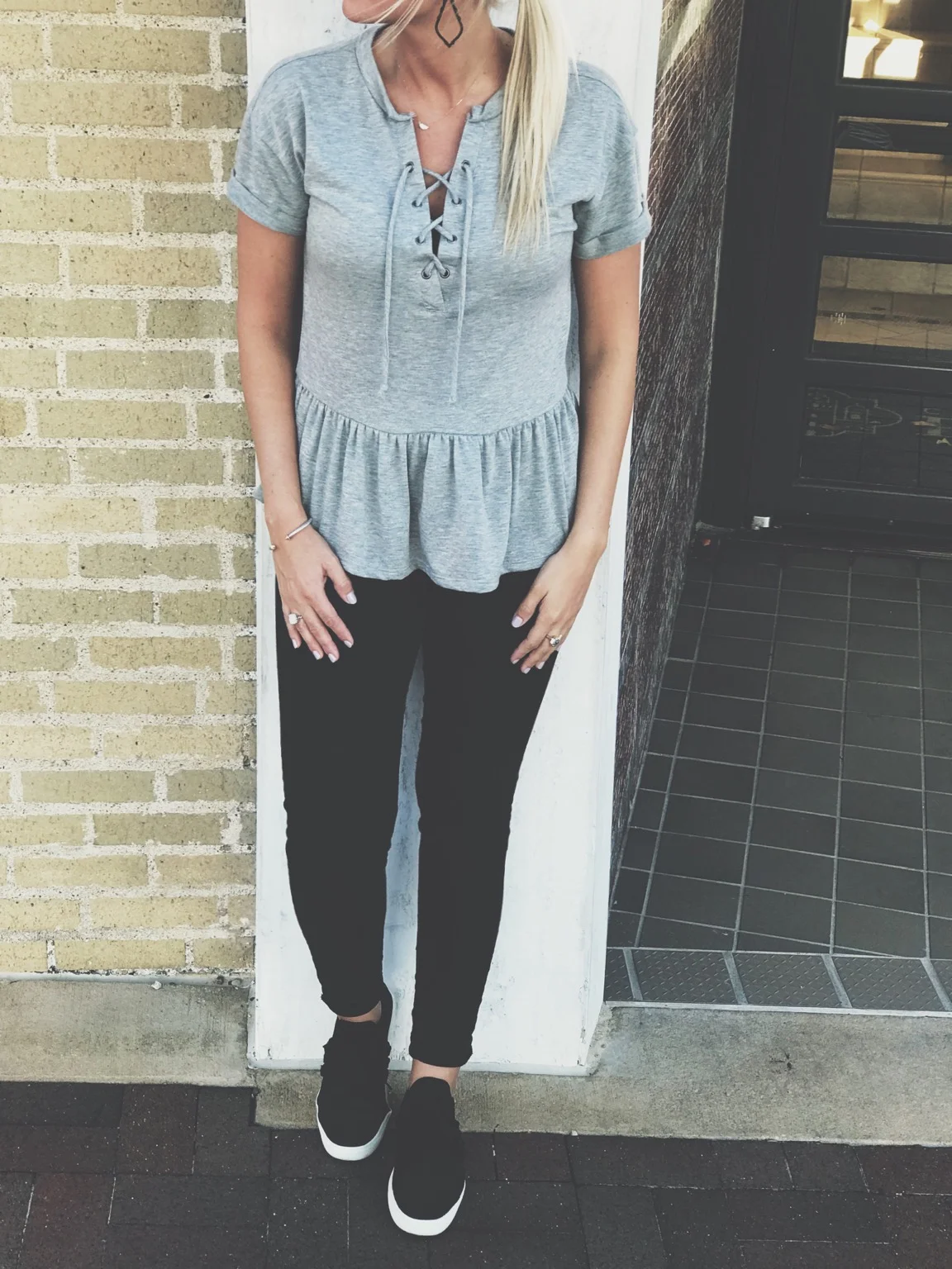 Peplum shirts have always been my go-to, especially because I think they are flattering on all body types! This top from Ever Eve runs big so size down! I am wearing a small! You've probably noticed most of my jeans come from Old Navy, reason being they offer a high-waisted style that is still long enough! (Tall people, check these out) and I usually stick with the Rockstar style, they have the most stretch! Athleisure sneakers are the perfect middle ground for the days when you have a million errands to run yet you still need to be put together. These Steve Madden lace up sneakers haven't left my feet since I bought them! P.s. I saw the perfect dupe at Target for $28, I could hardly tell the difference, but I know they are selling fast! Paired with a few of my everyday pieces & Kendra Scott Sophee Earrings, this is the perfect errand running look! 