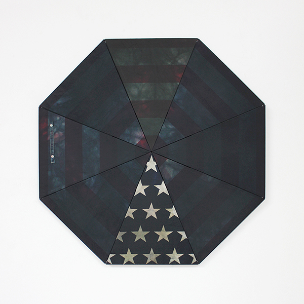   Made in China  Found umbrella, black dye, wood, hardware, adhesive 34” x 34” x 1” / 2013 Private collection 