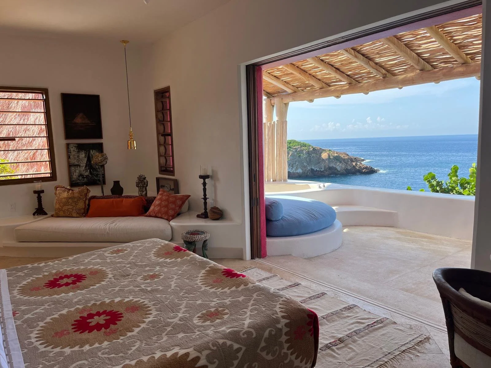 Sun suite at Casa Papelillo, bed facing an open terrace over Chamela Bay, interiors by Amathea