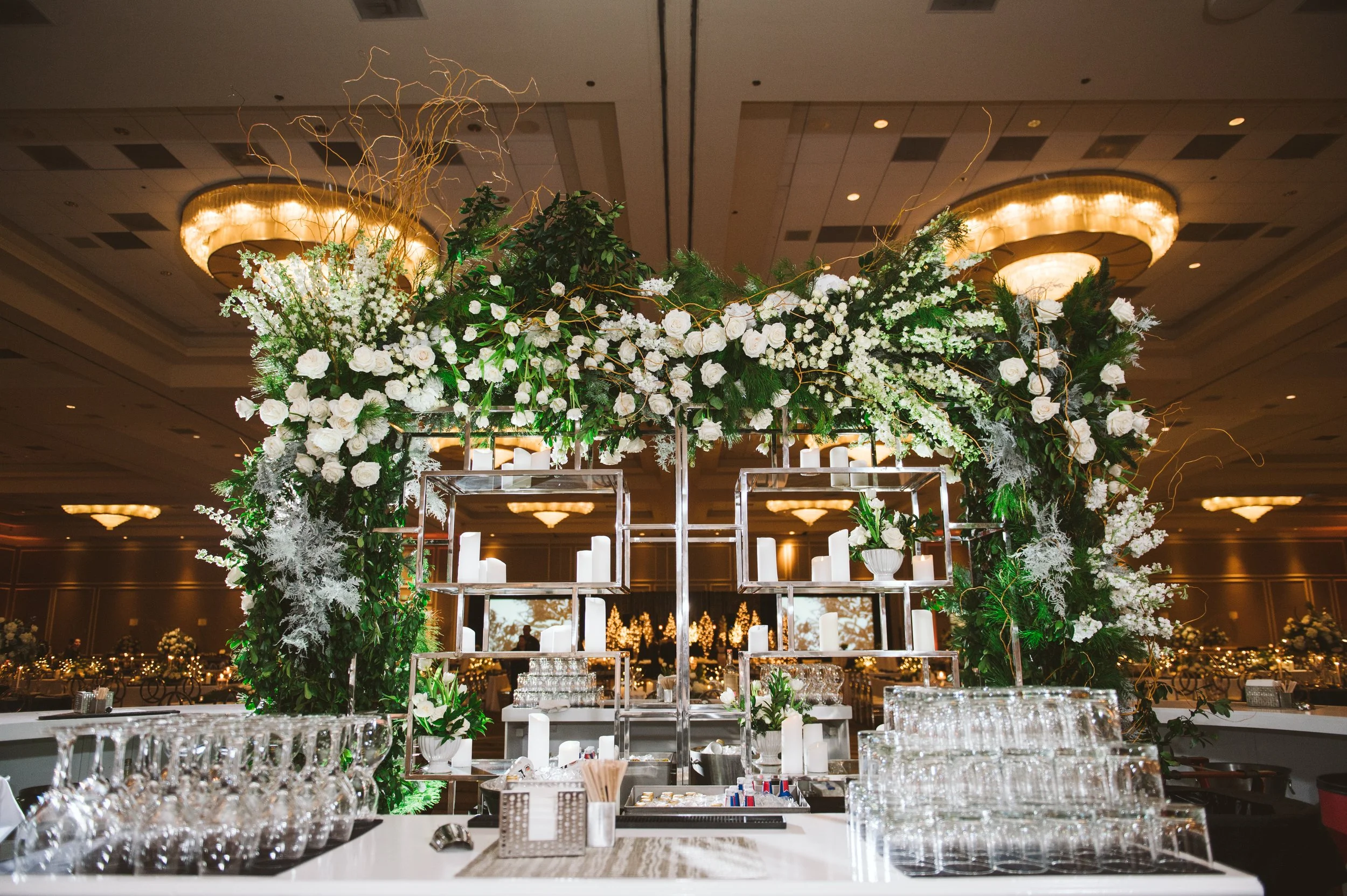 Bluegrass Chic Orlando Corporate Event Florist | Lush White Rose Bar Floral Installation