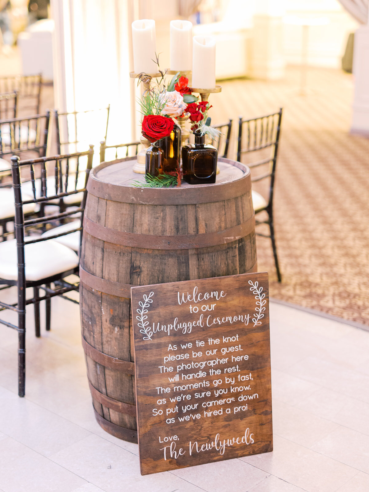 Unplugged ceremony with a whiskey barrel. 