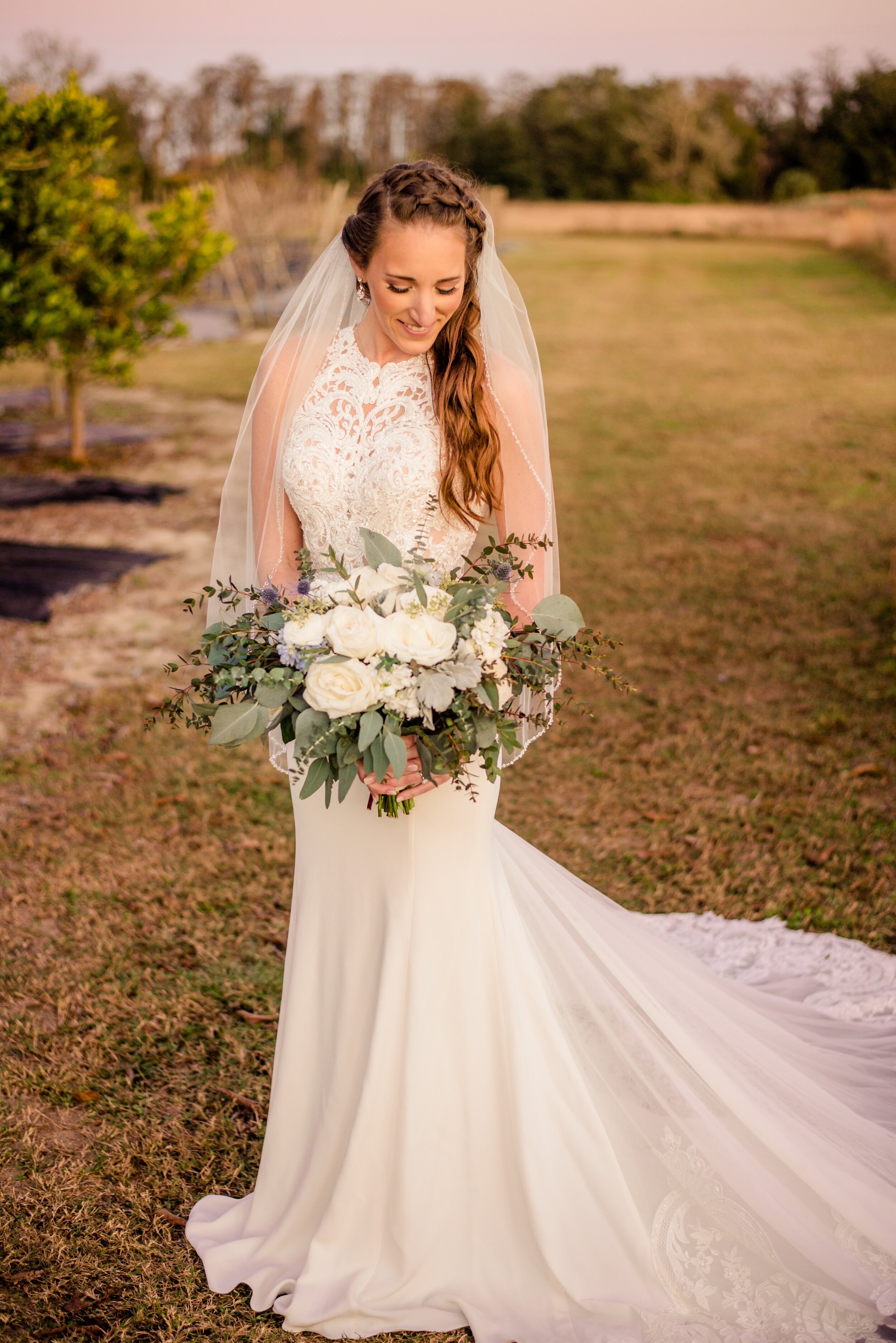 Bridal Portrait of Amanda with White and Green bouquet and a pop of blue