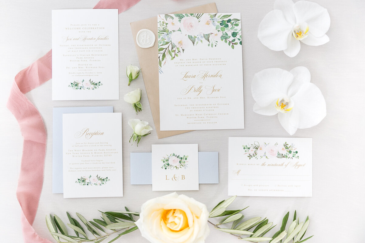 Bluegrass Chic - Blush and White Orchid Wedding Park Ave Winter Park Stationary 