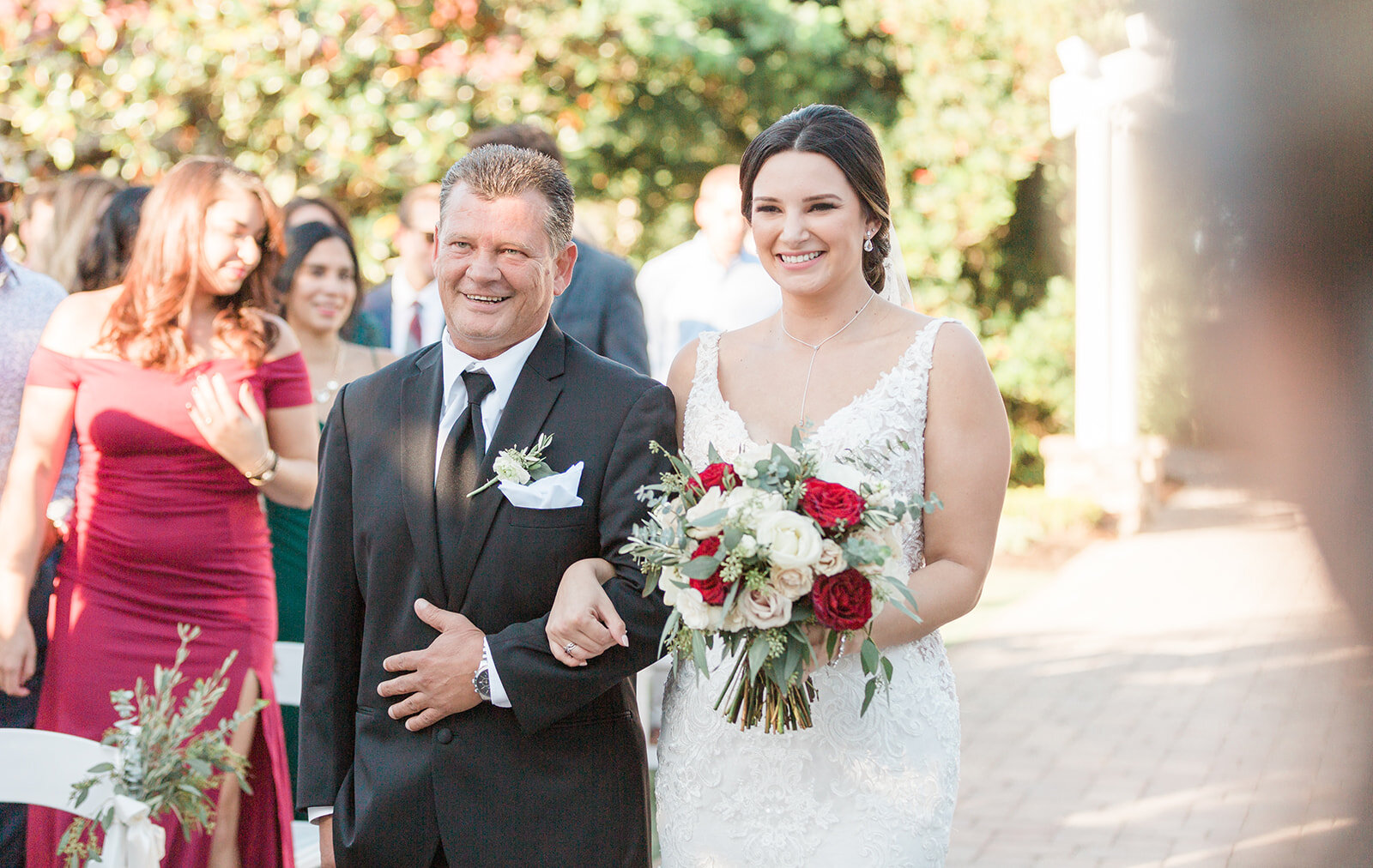 Bluegrass Chic - The Hendricks Photography at Royal Crest Room Father walking his daughter down the aisle burgundy white green bridal bouquet