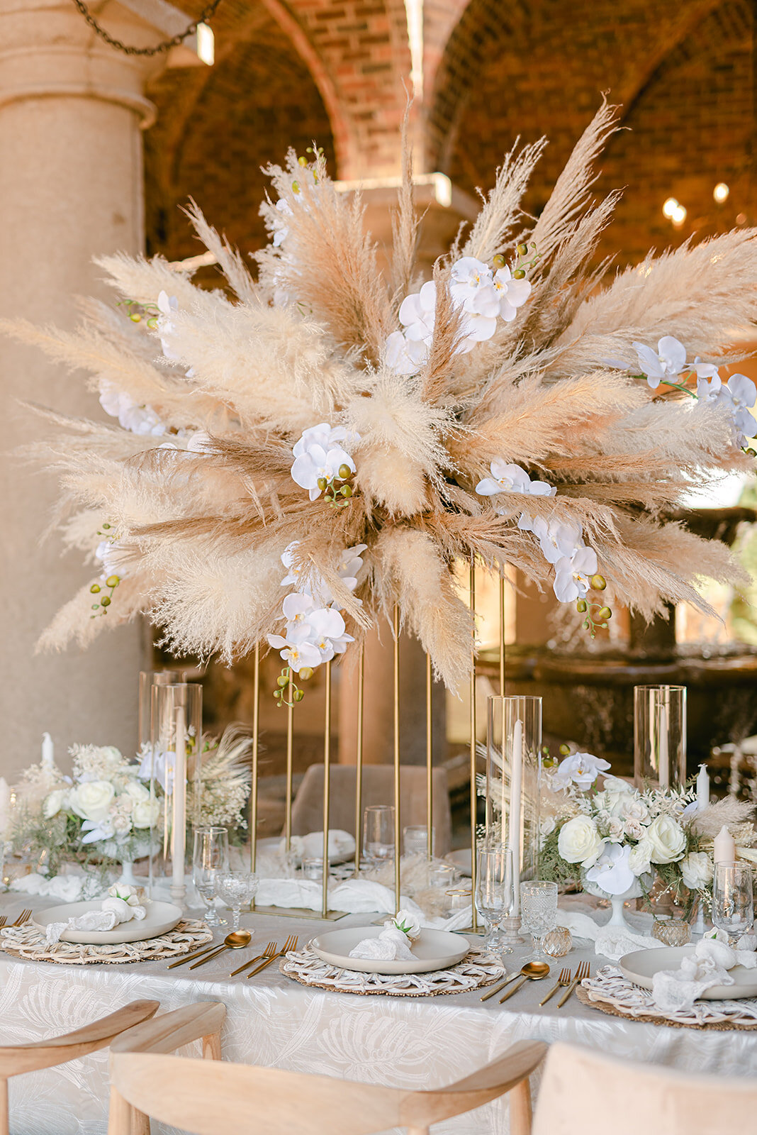 Bluegrass Chic | Bella Collina Orchids and Pampas on Tall Centerpiece