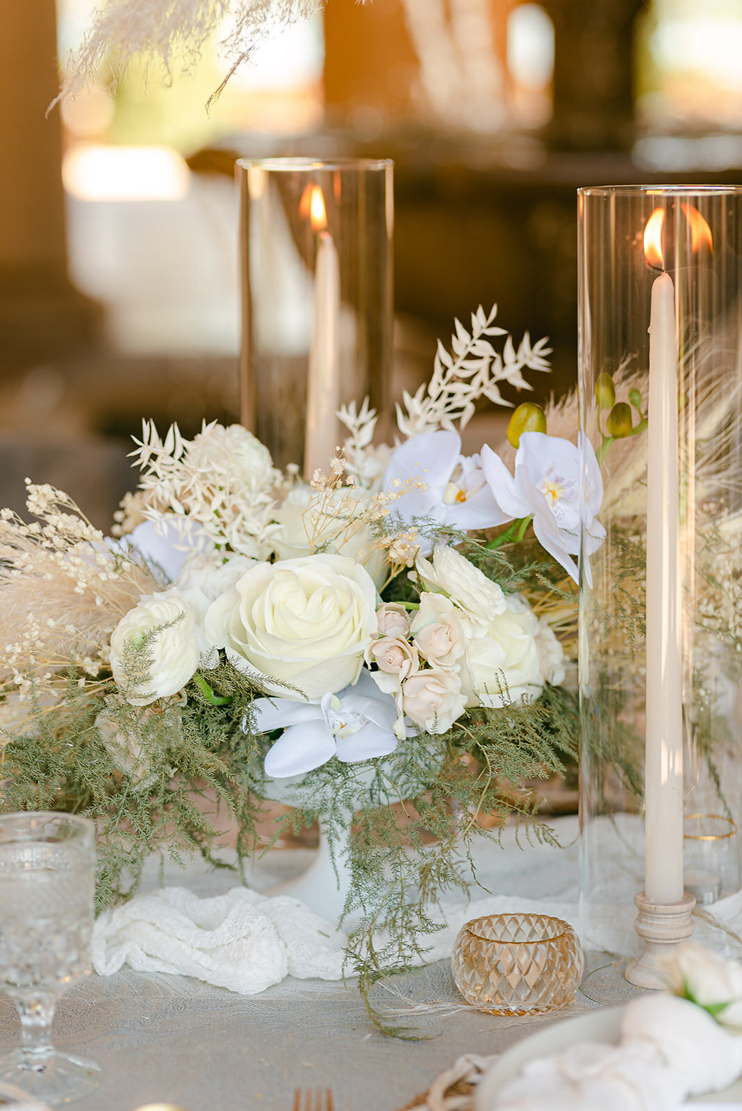 Bluegrass Chic | Bella Collina  Compote Style Centerpieces with Boho Dried Product with Orchids