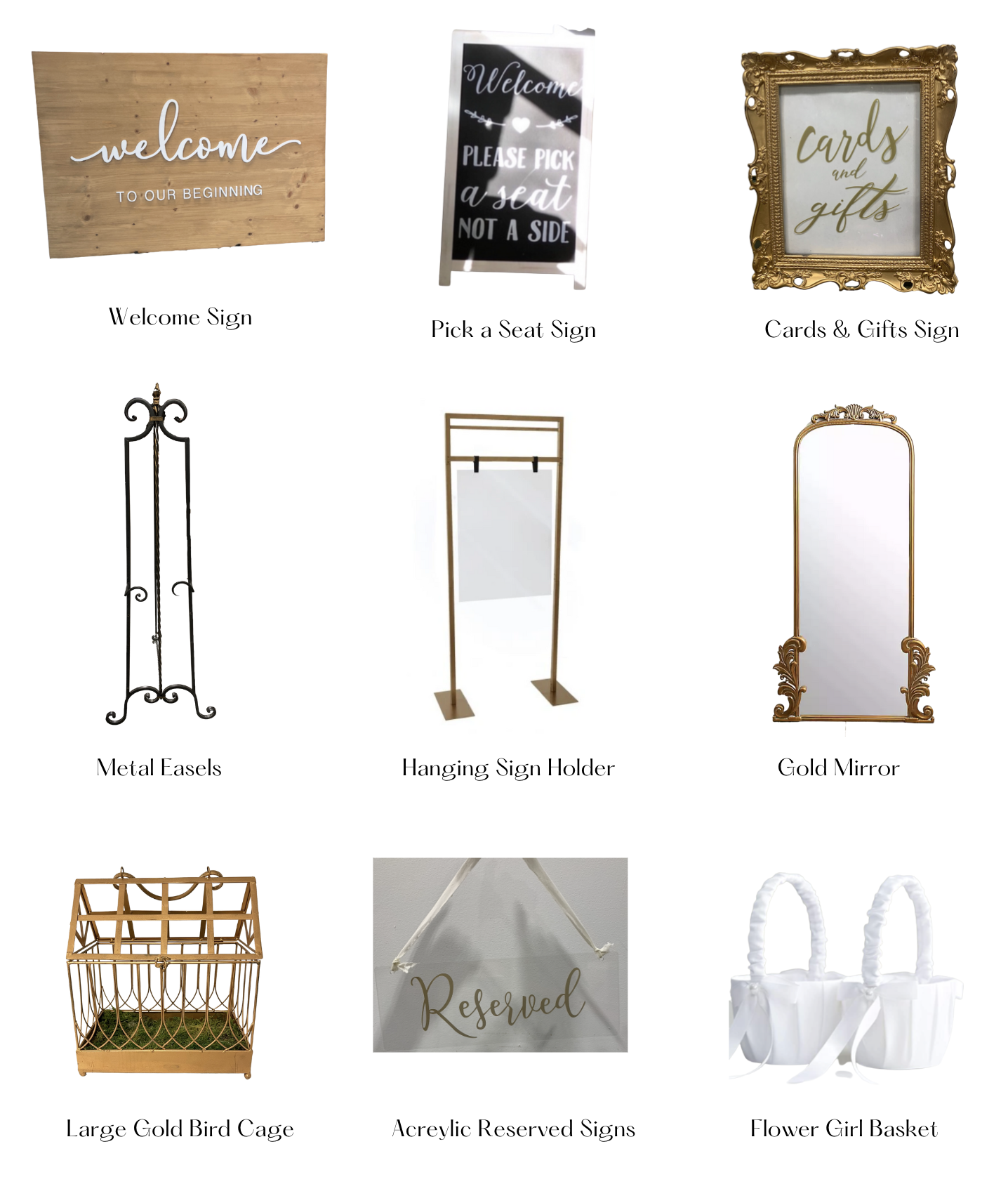 Bluegrass Chic Signs, drapes, bird cages, easels, flower girl baskets, uplights, fairy lights, small trees, hanging globes, gauze runners, street lamps