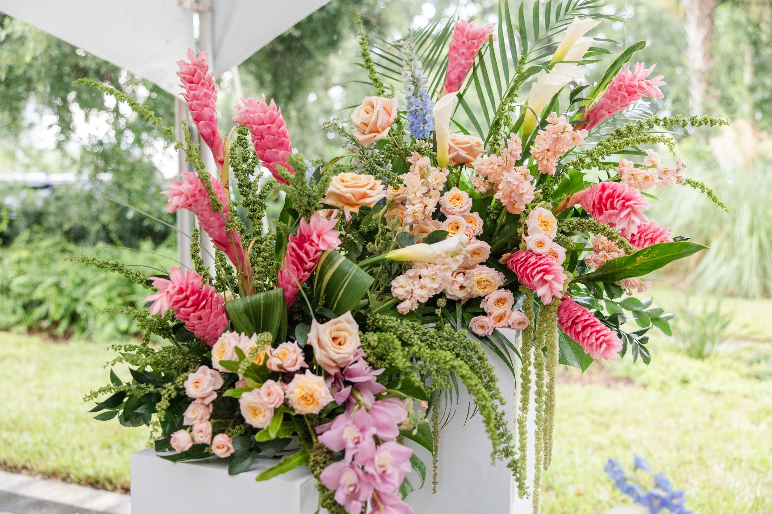 Soft tropical floral installation featuring pastel blooms for an elevated event, designed by Bluegrass Chic, an Orlando event florist.