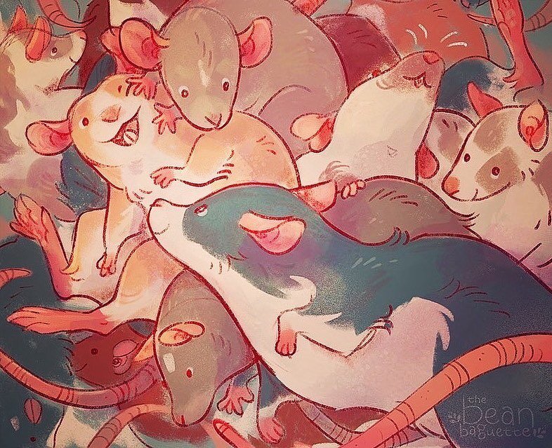 One of my favorite rat pieces from last summer&hellip;which came about after combining a bunch of random sketches and trying to practice rat feet. An awoken cuddle pile careening through space 🐀 💫 
#ratart #ratartist #ratmom #ratcommunity #fancyrat