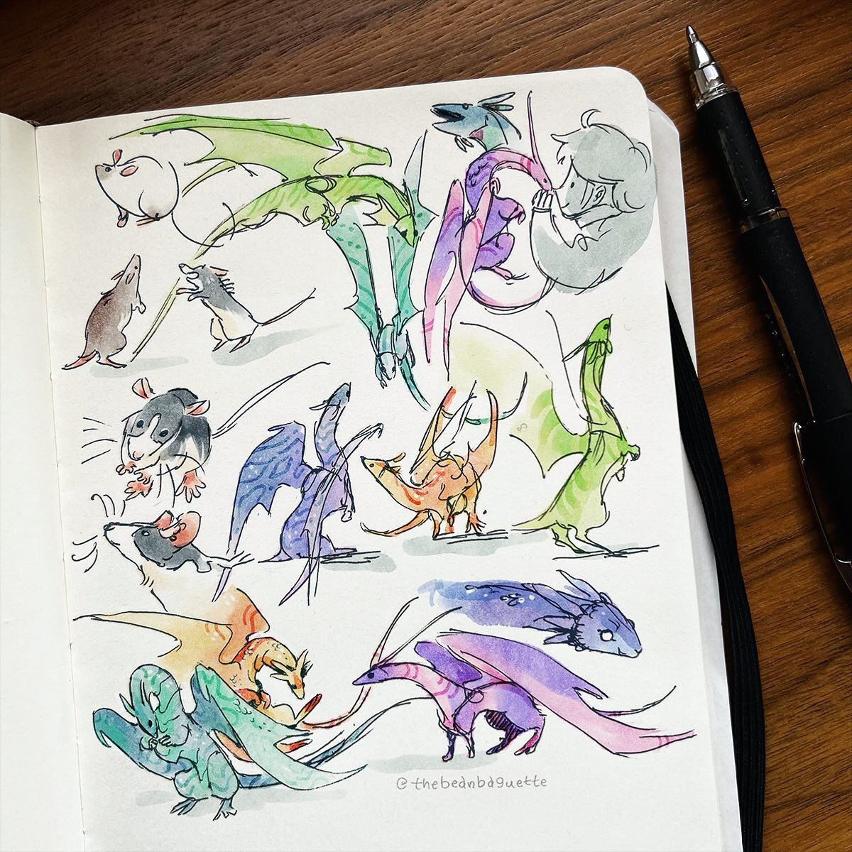 A bunch of cheerful sketchbook dragonlings&hellip;
If you&rsquo;ve followed me long enough you&rsquo;ll remember similar little friends from the past. My approach to drawing rats is the same as dragons, or maybe it&rsquo;s the other way around&mdash;