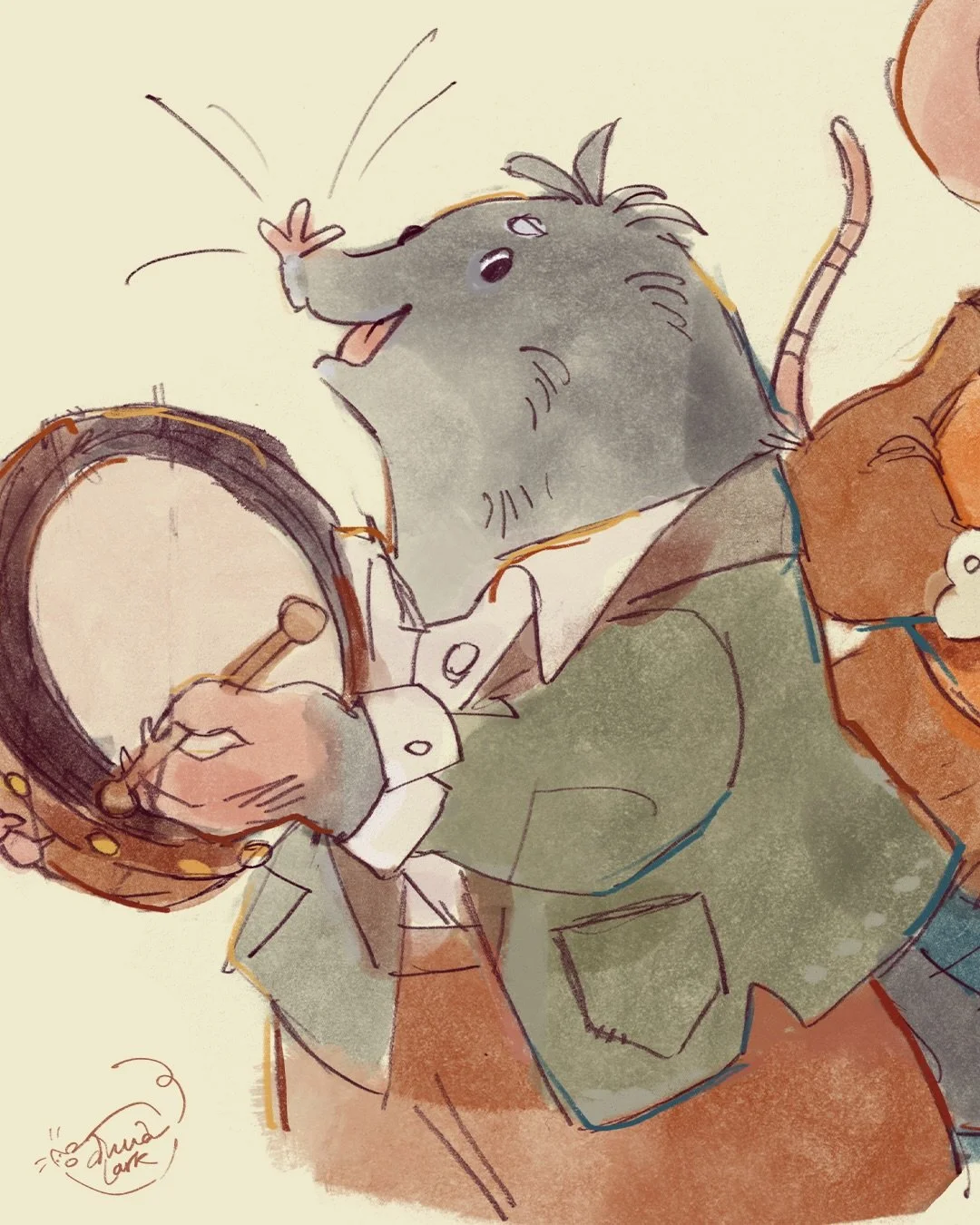 For the bodhran-playing mole in this &ldquo;A Wintertime Feast&rdquo; illustration for @kinnfolk.music , we went through one initial design of Ms. Mole before landing on the final Mr. Mole. The second I feel balances out the cast more, and you can se