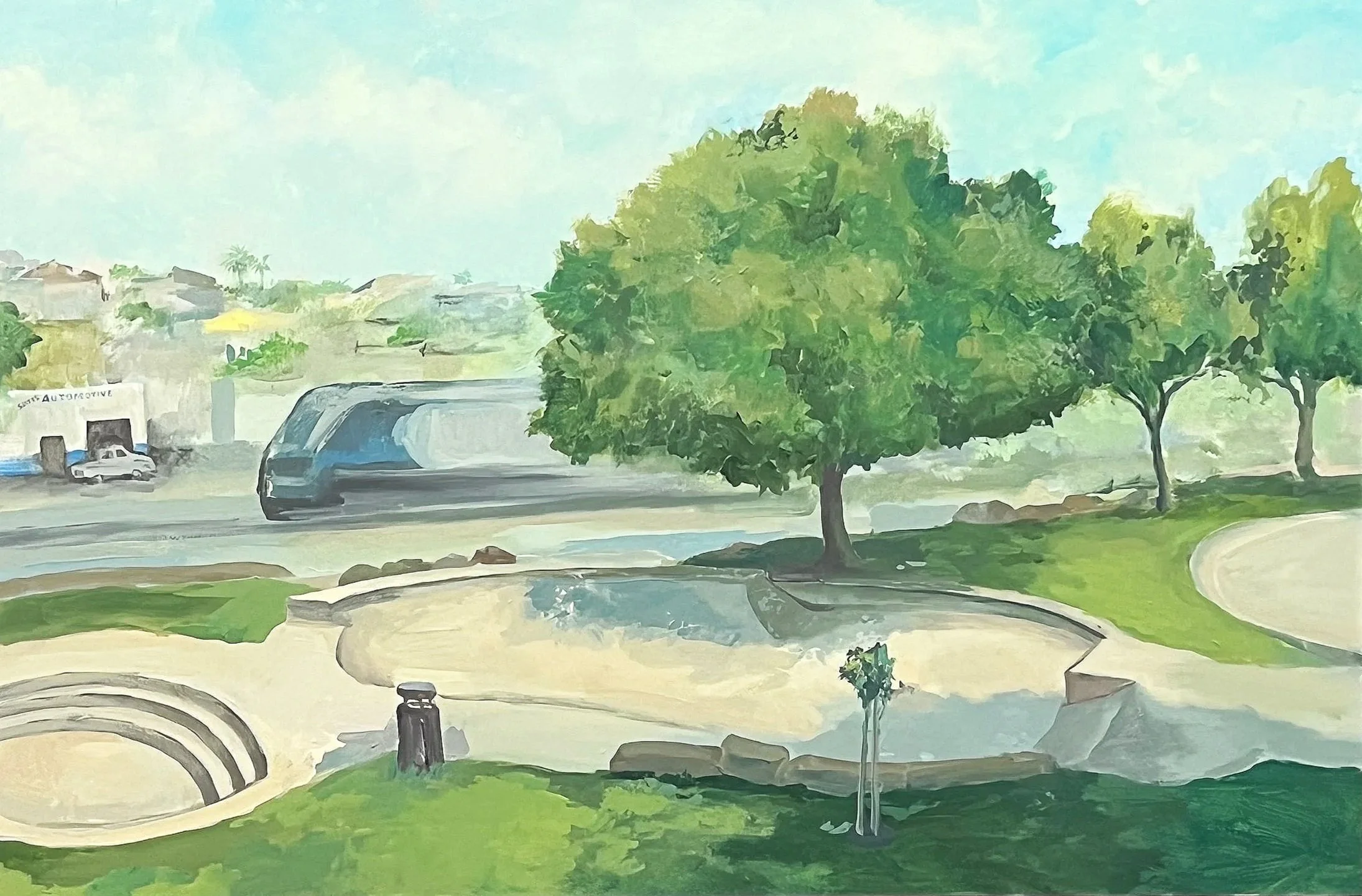 Oaks Park Leucadia, acrylic on wood, 32x48. 2025