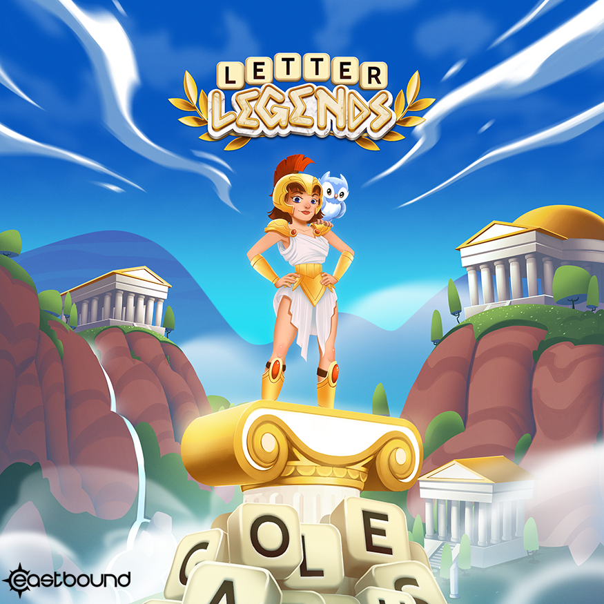 Main Splash Screen for Letter Legends featuring Athena front and center against a stylized landscape of Ancient Greece