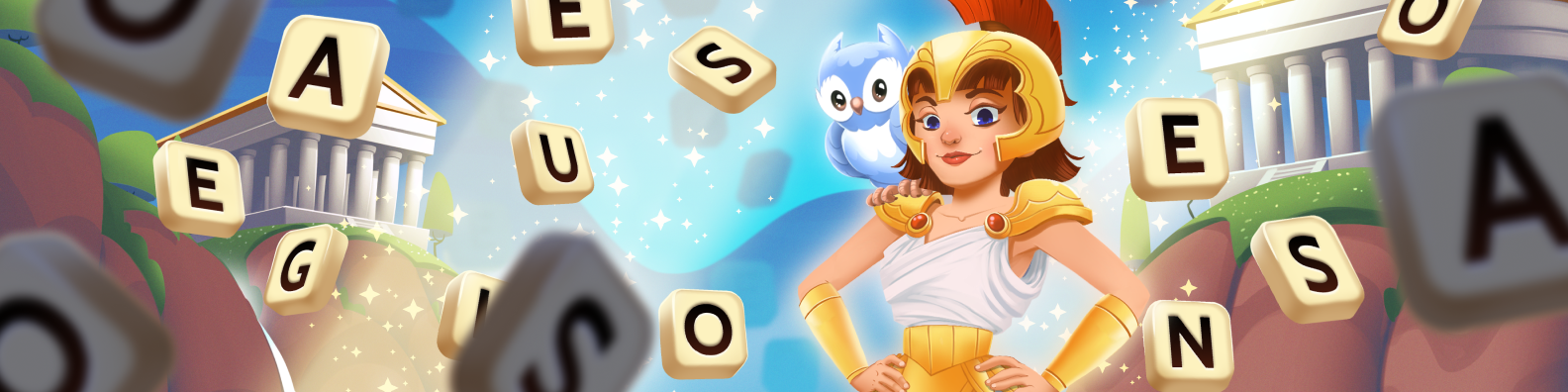 Athena and her Owl stand amidst raining letter tiles.