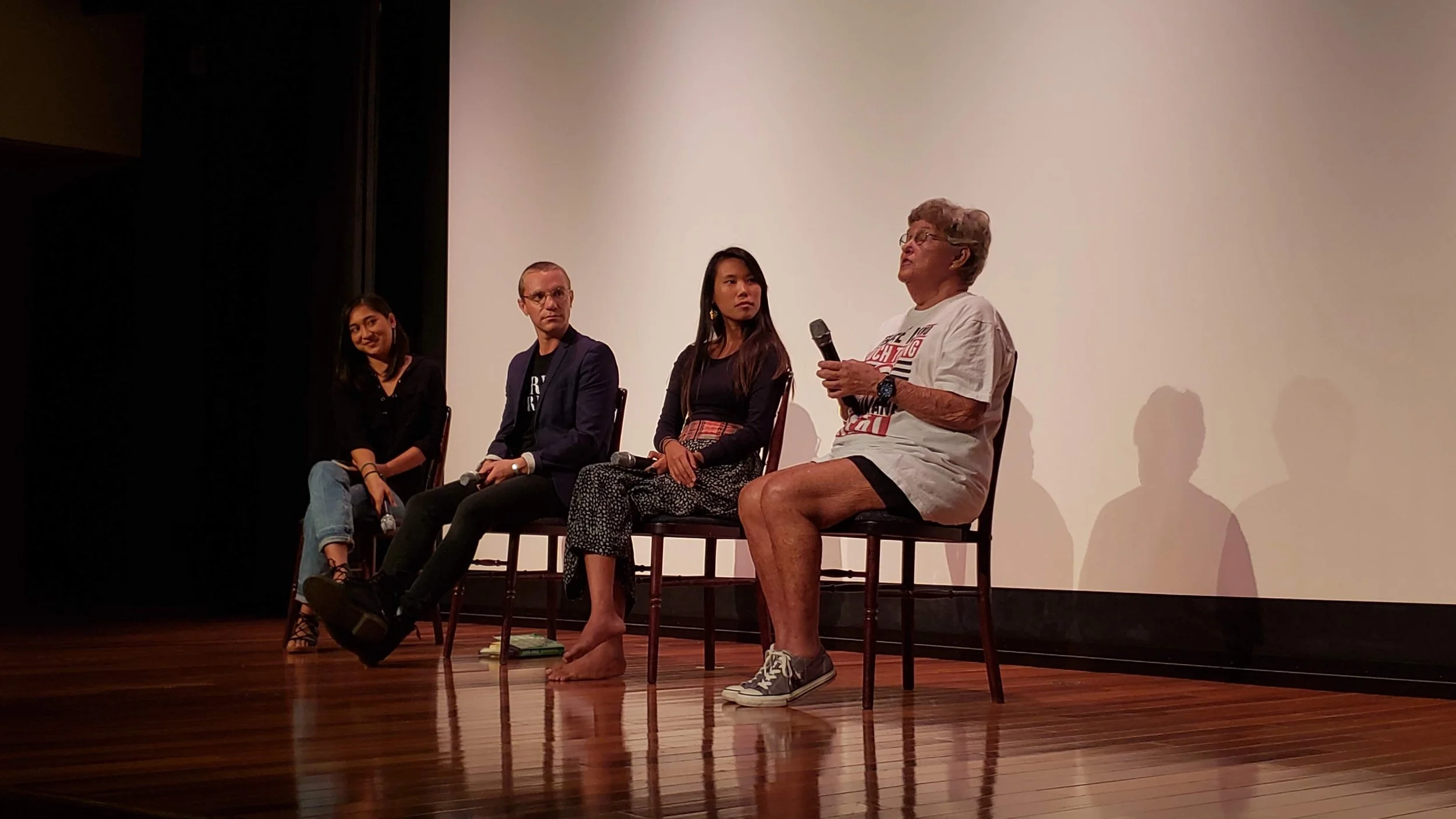At the end of the film, we opened the floor up for a Q&A with our panel (Left to Right) Anna Camacho, moderator and co-founder of Good Food Movement; Nick Pecoraro, animal rights activist, co-founder of Animal Liberation Oahu and Aloha Animal Sanctuary; Doorae Shin, environmental activist/eco-warrior, manager of the Plastic Free Hawaii program and co-founder of the Good Food Movement; Cathy Goeggel, founder and president of Animal Rights Hawaii, which is an organization that has campaigned for animals on a wide variety of animal issues since 1977.