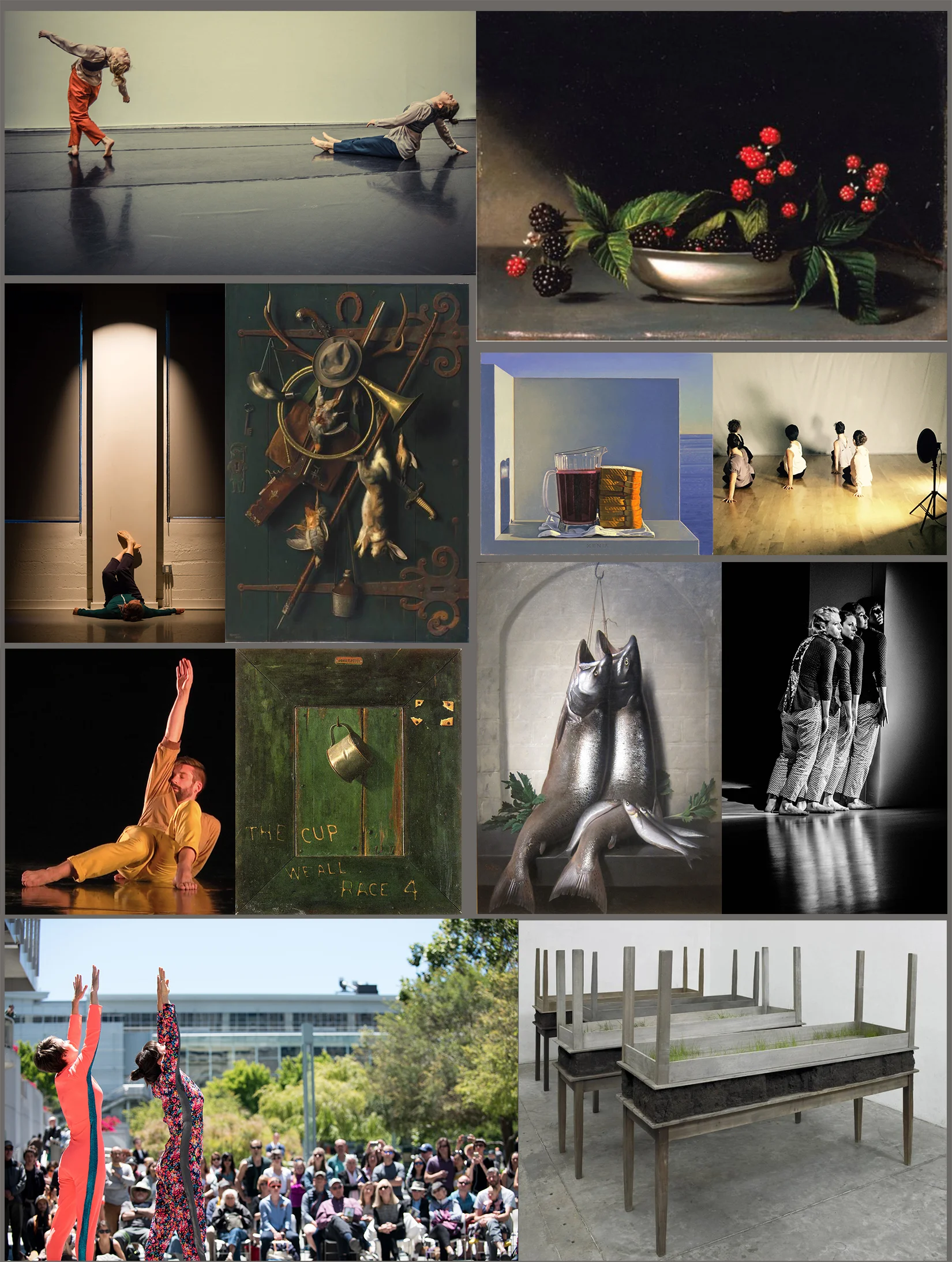 Still Life No. 1 (TOP) | photo Robbie Sweeny. Based on the painting “Blackberries” by Raphaelle Peale, 1813 de Young | Fine Arts Museums of San Francisco Still Life No. 2 (UPPER LEFT) | photo Ramune Rastonis. Based on the painting “After the Hunt” by William Harnett, 1895 de Young | Fine Arts Museums of San Francisco Still Life No. 3 (UPPER RIGHT) | photo Keegan Marling. Based on the painting “Still Life with Grape Juice and Sandwiches” by David Ligare, 1994 de Young | Fine Arts Museums of San Francisco Still Life No. 4 (LOWER RIGHT) | photo Robbie Sweeny. Based on the painting “Salmon, Trout, and Smelt” by Samuel Marsden Brookes, 1873 de Young | Fine Arts Museums of San Francisco Still Life No. 5 (LOWER LEFT) | photo Caitlin Hammel. Based on the painting “The Cup We All Race For” by Frederick Peto, 1900 de Young | Fine Arts Museums of San Francisco Still Life No. 6 (BOTTOM) | photo Bishoculars. Based on the installation “Plegaria Muda” by Doris Salcedo, 2008-2010 San Francisco Museum of Modern Art | SFMOMA